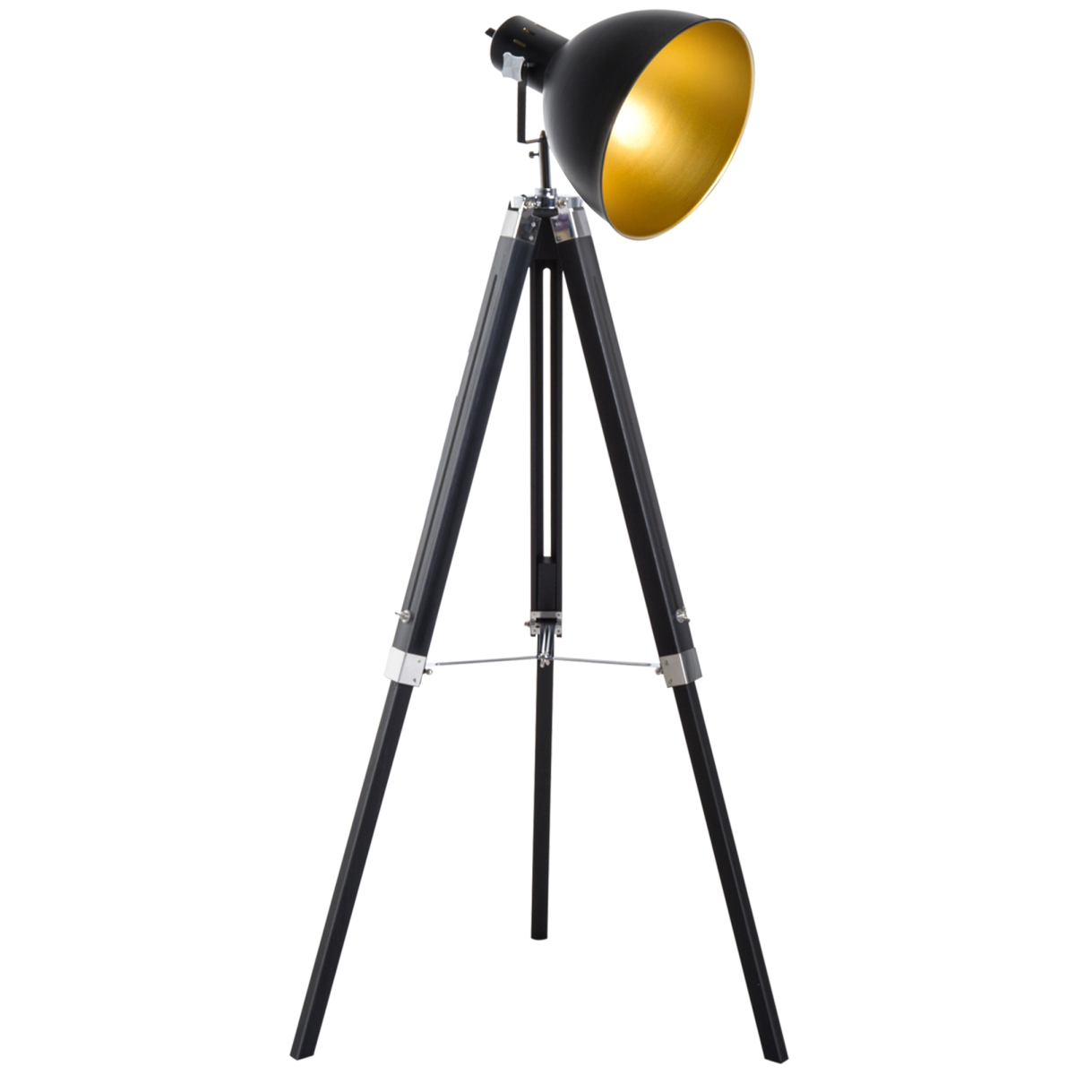 HOMCOM Retro Tripod Floor Lamp with Dome Shade, Pine Wood Legs, Adjustable Height, Black/Gold