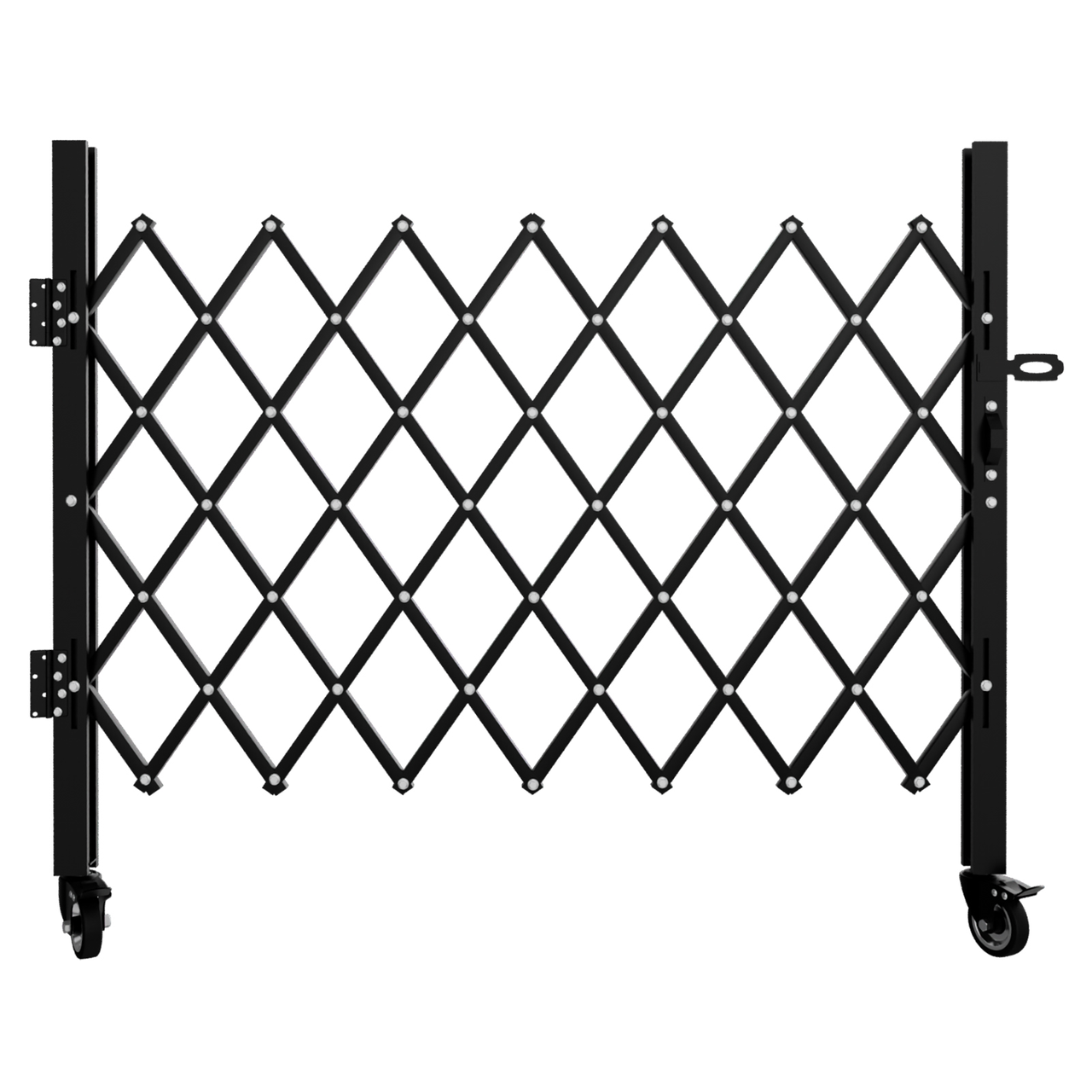 Foldable Expandable Security Gate with Lockable 360° Swivel Casters, Heavy-Duty Steel Rolling Barricade for Garage, Warehouse, Driveway and Pool Areas