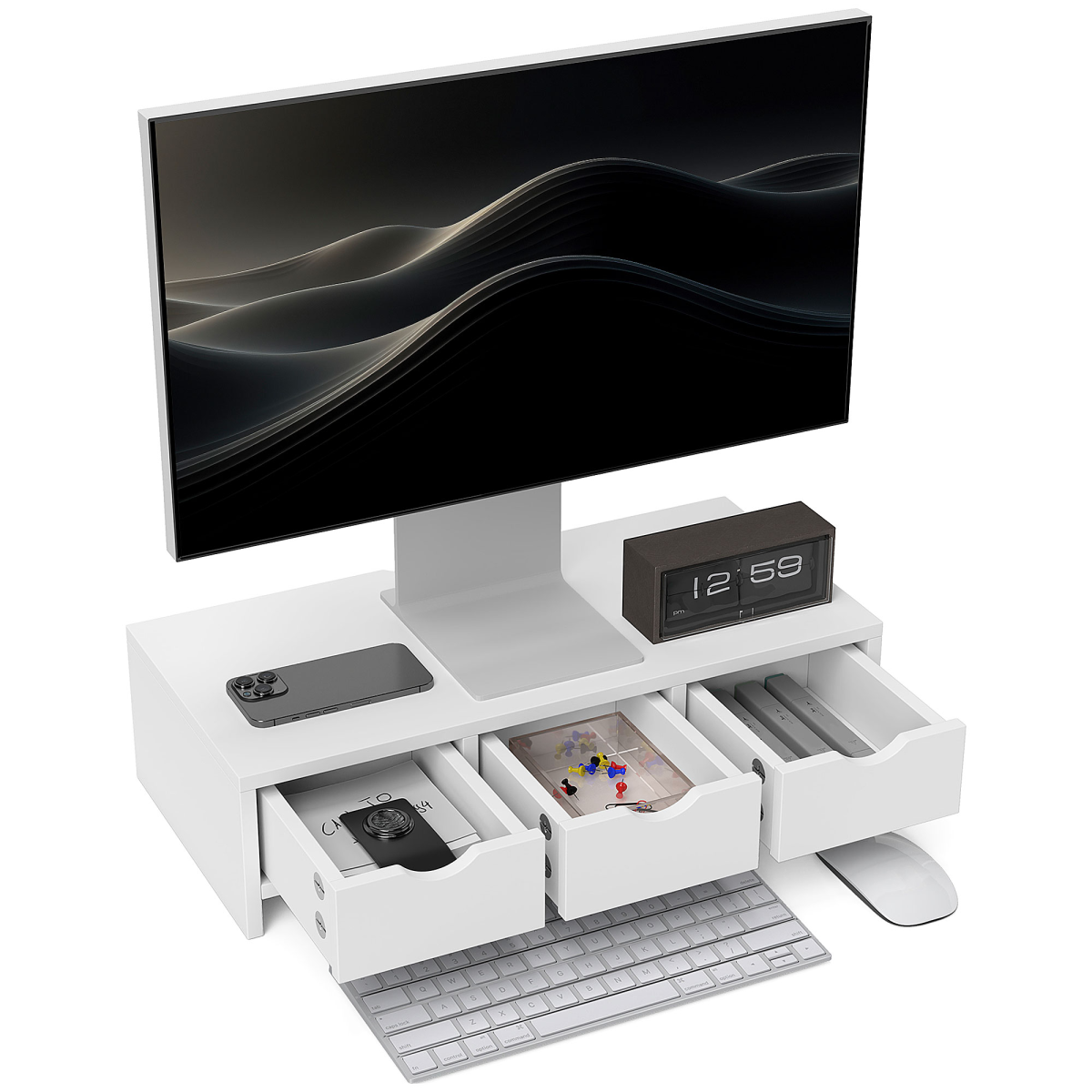HOMCOM White Monitor Stand Riser with 3 Drawers, Wire Slot