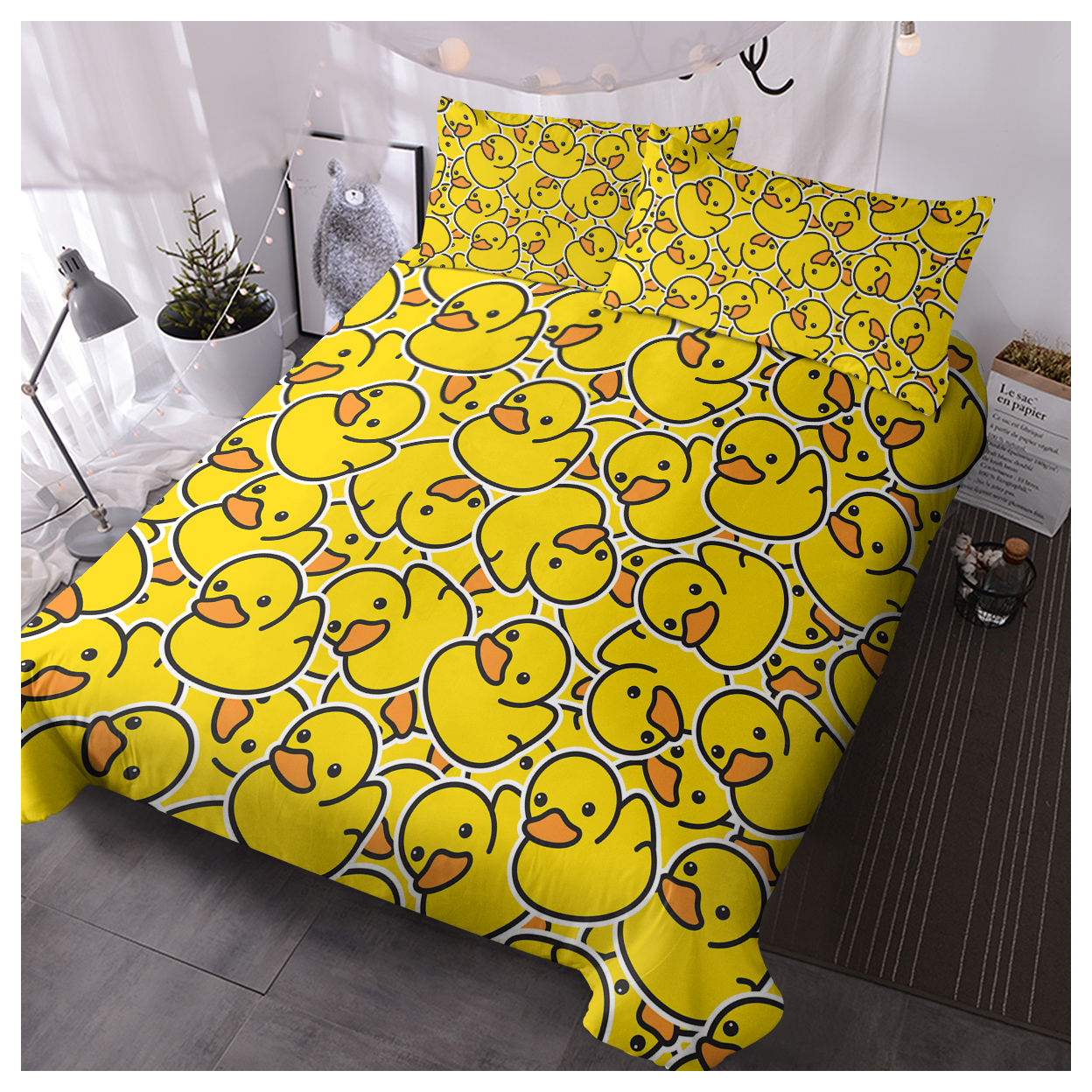 Cute Yellow Duck Duvet Cover Set for Kids, 3 Pieces, Single