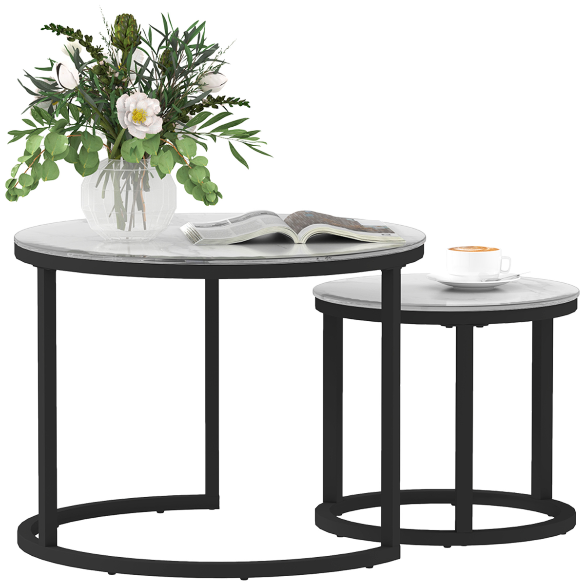 HOMCOM Round Glass Nesting Coffee Table Set of 2, Marble-Effect