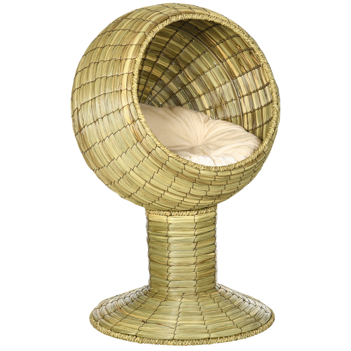 PawHut Raised Cat House with Stand and Cushion, Natural Mat Grass, 69H x 41cm