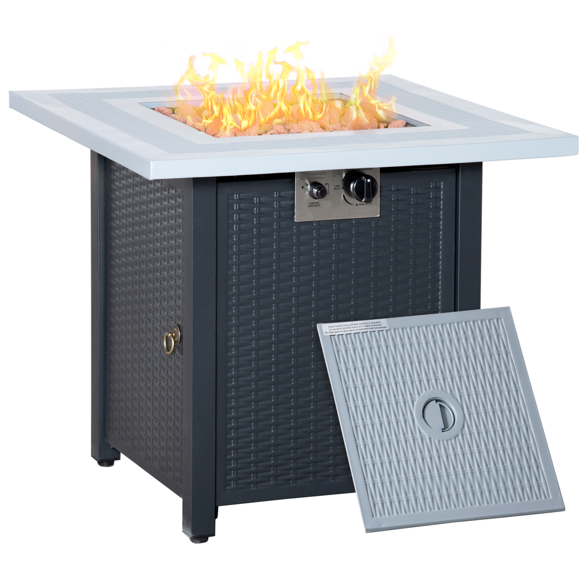 Square Propane Gas Fire Pit Table with 40000 BTU Stainless Steel Burner, Rattan, Lava Rocks and Lid