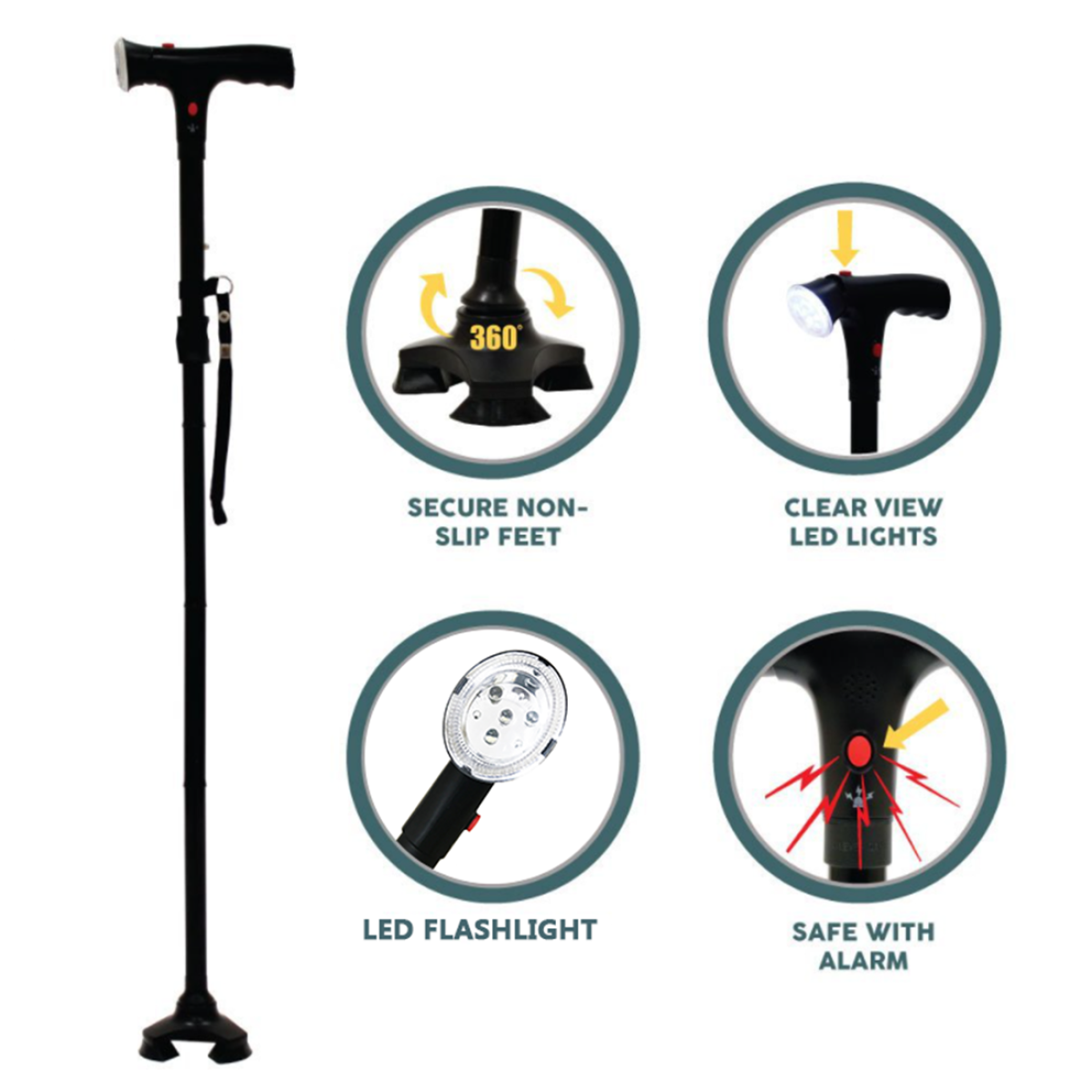 Camping Hiking Folding Walking Cane, 5-Level Height Adjustable with LED Light and Alarm