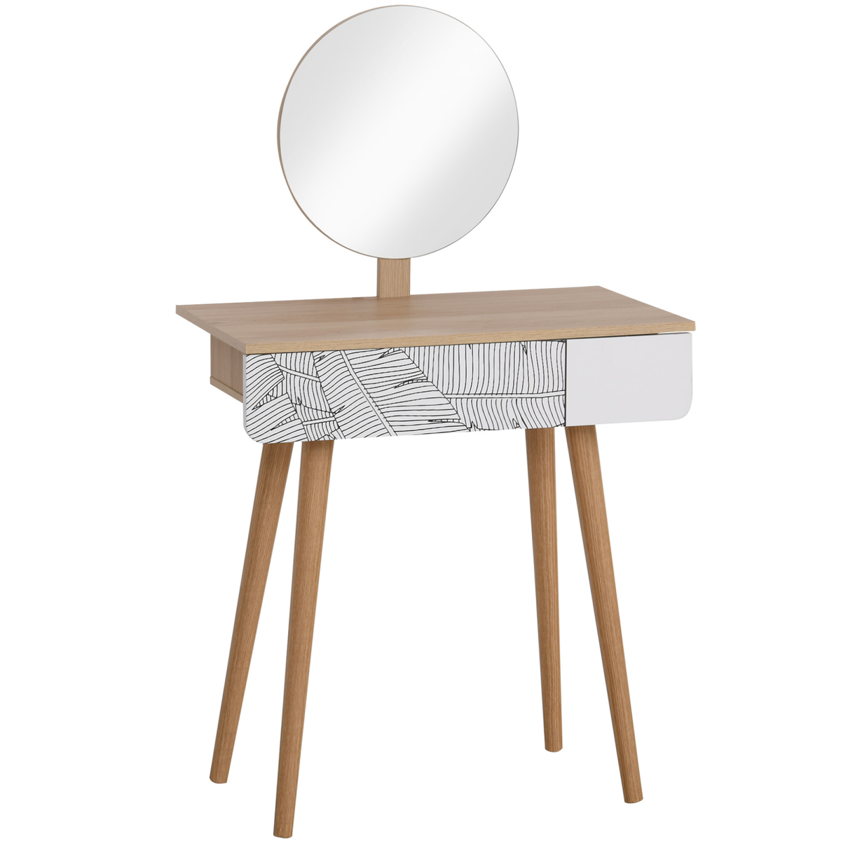 HOMCOM Solid Wood Nordic Dressing Table with Adjustable Round Mirror and Pull-Out Drawer