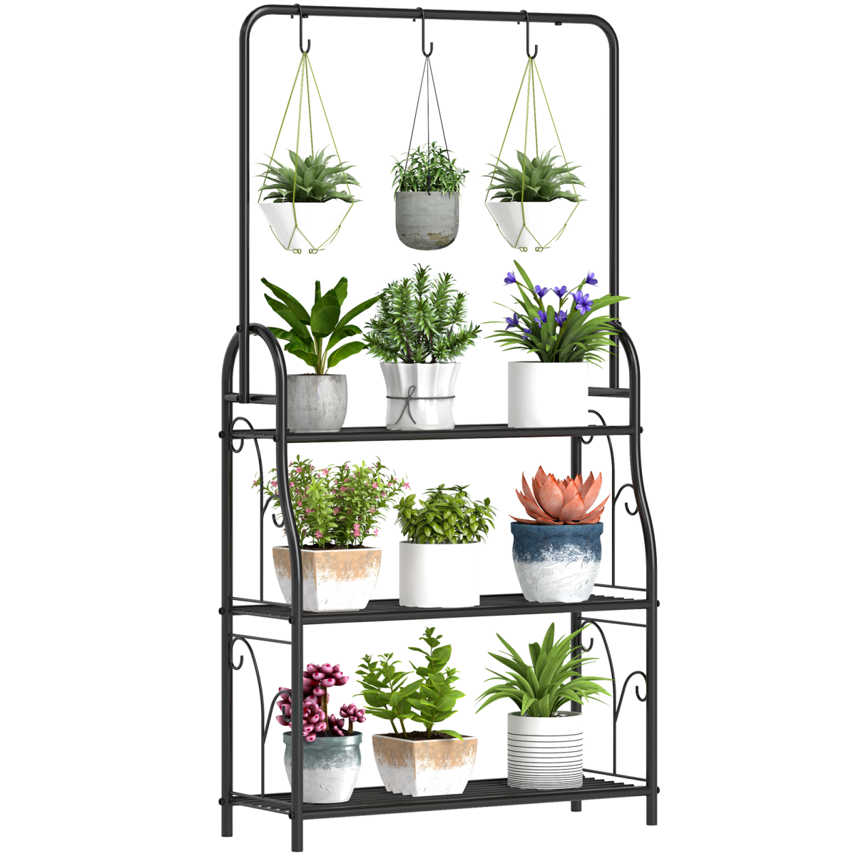 Outsunny 3-Tier Black Metal Plant Stand with Hanging Hooks