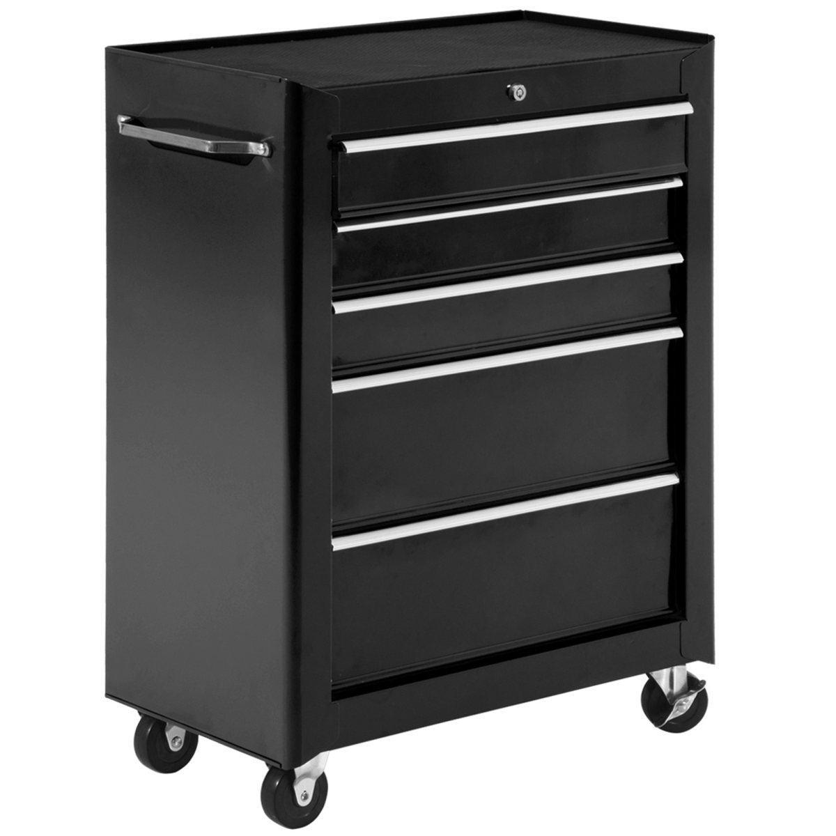 5-Drawer Lockable Steel Tool Storage Cabinet with Wheels and Handle, Black, 2 Keys Included