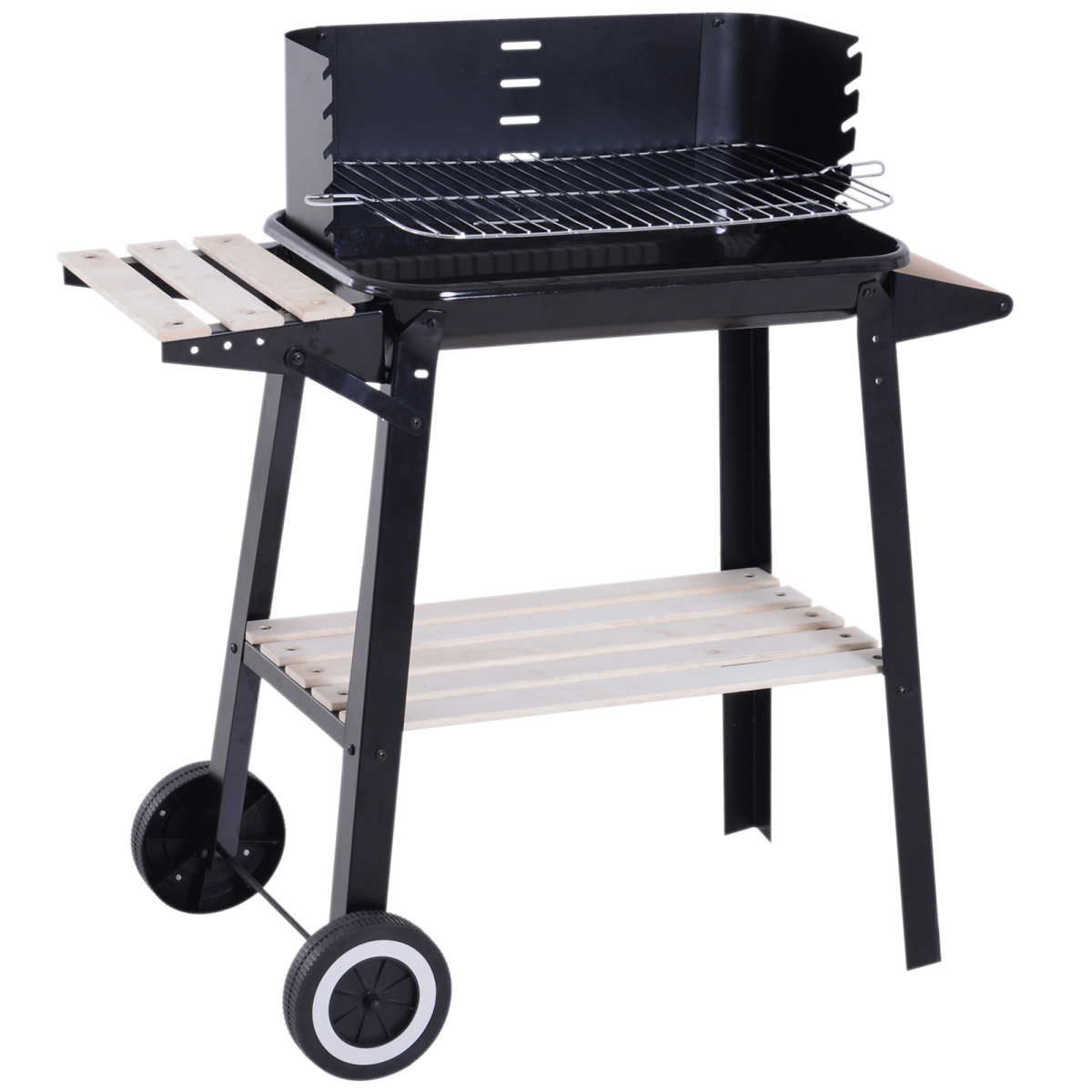 Outsunny Charcoal BBQ Grill with Adjustable 4-Height Grill Pan, Side Wind Shield, Shelf and Wheels, 87 x 45 x 83 cm, Black