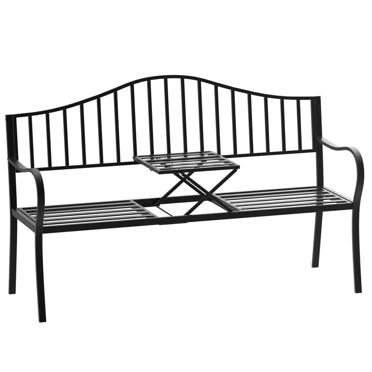 Outsunny Outdoor 2 Seater Metal Bench with Lift-Up Middle Table, Patio Garden Seating Chair