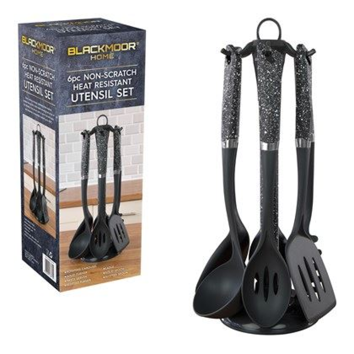 Blackmoor 6 Piece Black Nylon Utensil Set with Spinning Stand