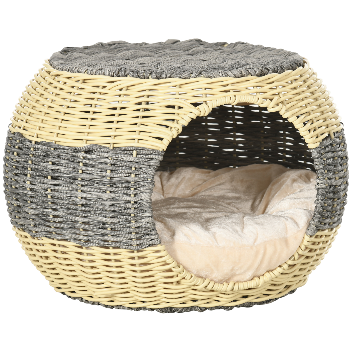 PawHut Wicker Rattan Raised Cat Bed with Soft Cushion, Enclosed Cat House, 40 x 30cm
