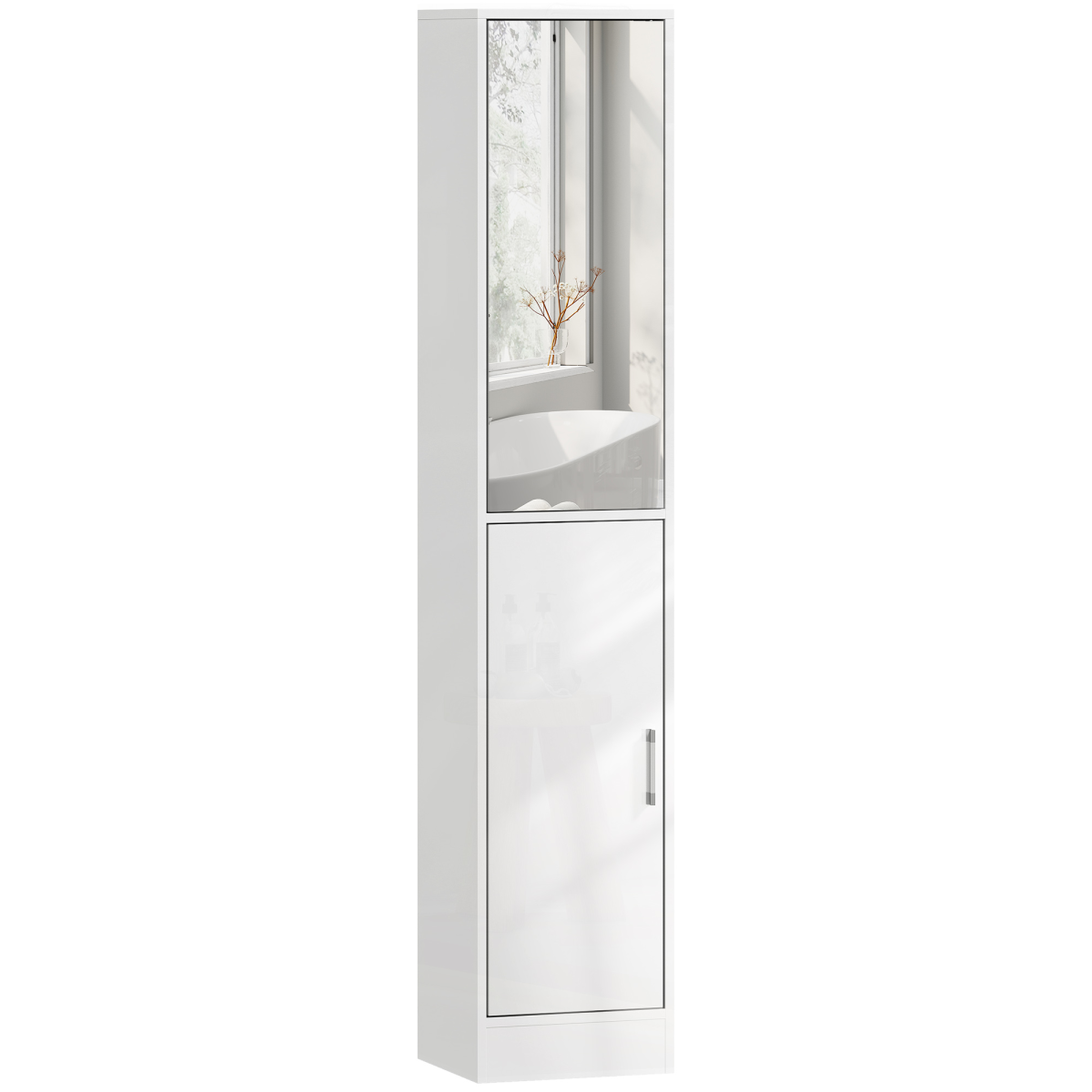 kleankin Tall Bathroom Storage Cabinet with Mirror, High Gloss White