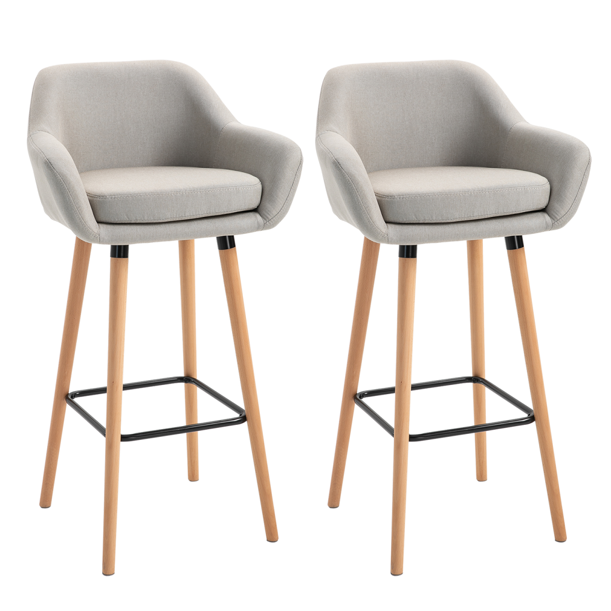 HOMCOM Set of 2 Modern Upholstered Bucket Bar Stools, Beige, Solid Wood Legs