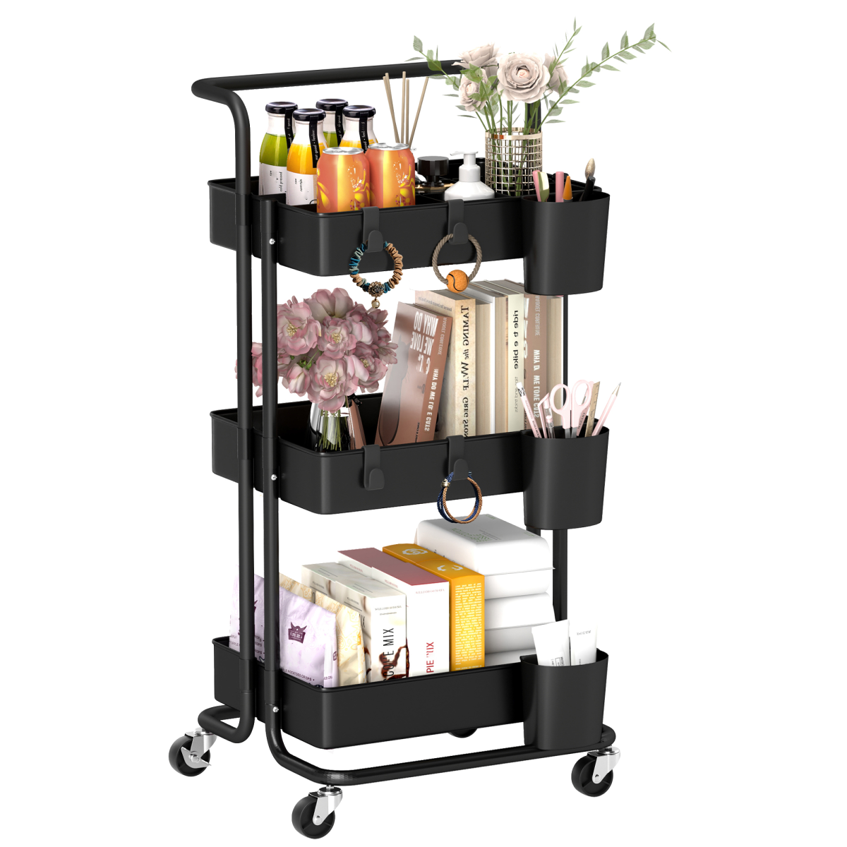 3-Tier Utility Cart Serving Trolley with Mesh Baskets, Removable Boxes, Black, Wheeled Storage Cart