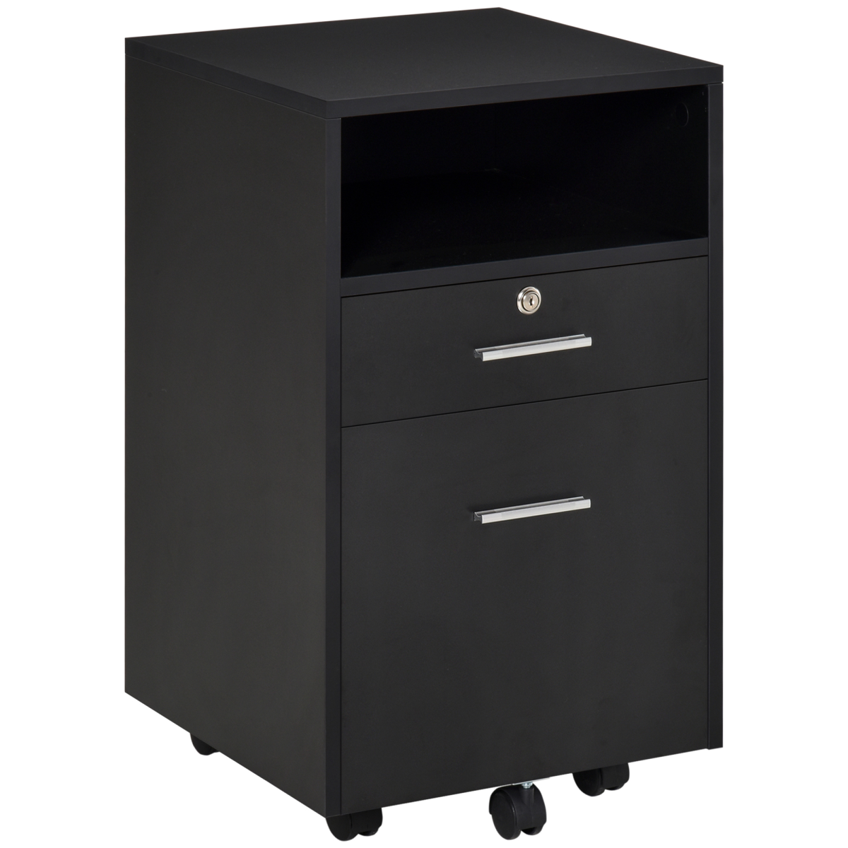 Mobile Lockable File Cabinet with 5 Wheels, Small Drawer and Open Shelf, Black