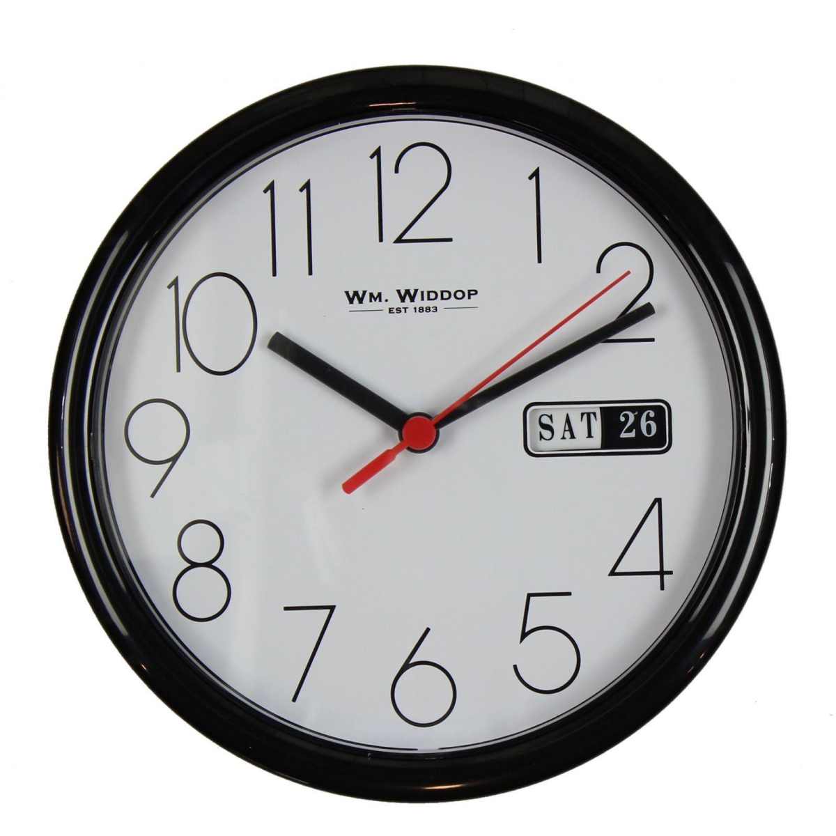Widdop Day/Date 8.5" Round Wall Clock, Black Case, White Dial