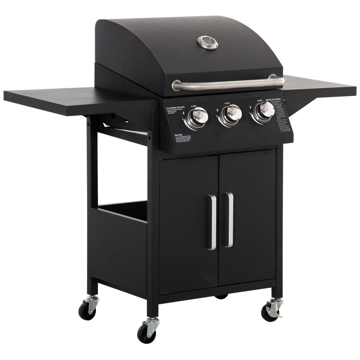 Outsunny 3 Burner Gas BBQ Grill with Lid, Warming Rack, Side Shelves, Storage Cabinet, Wheels, Piezo Ignition