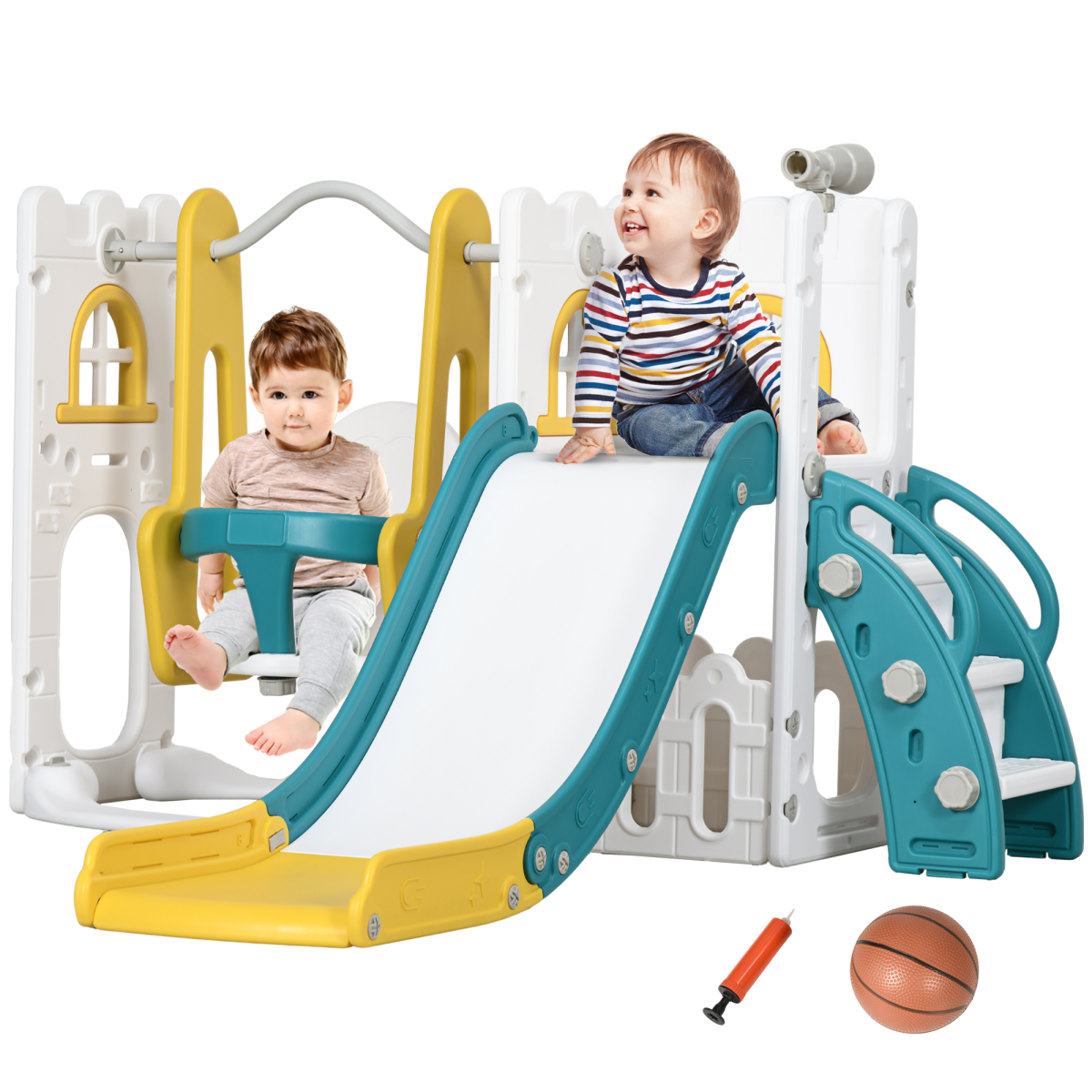 AIYAPLAY 6-in-1 Toddler Climber Playset with Slide, Swing, Hoop