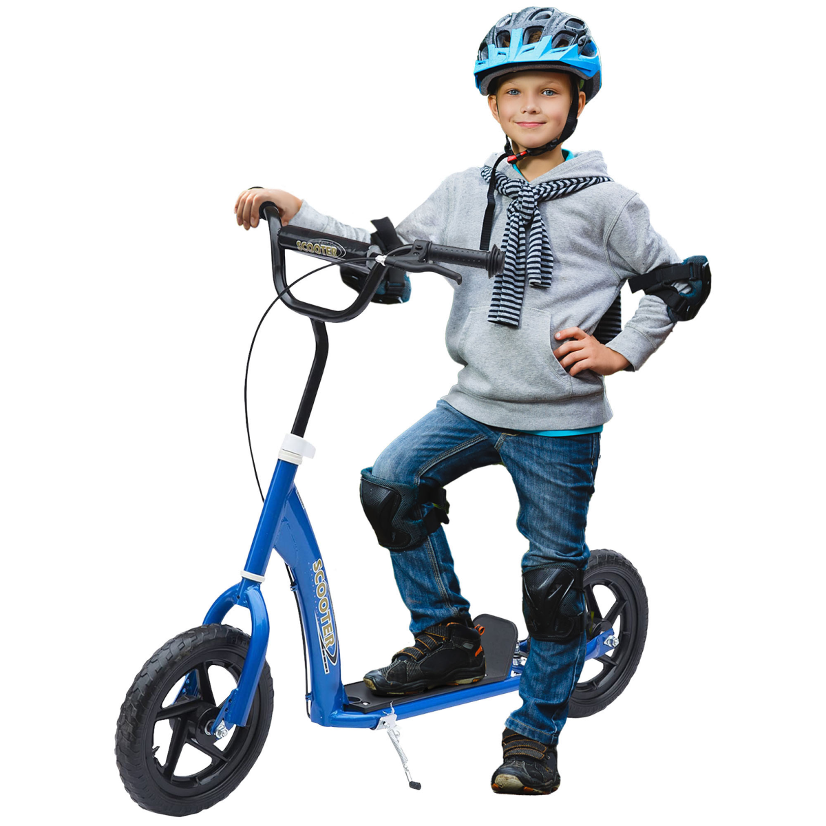 Blue Kids Adjustable Scooter with 12in Foam Wheels, Steel Frame