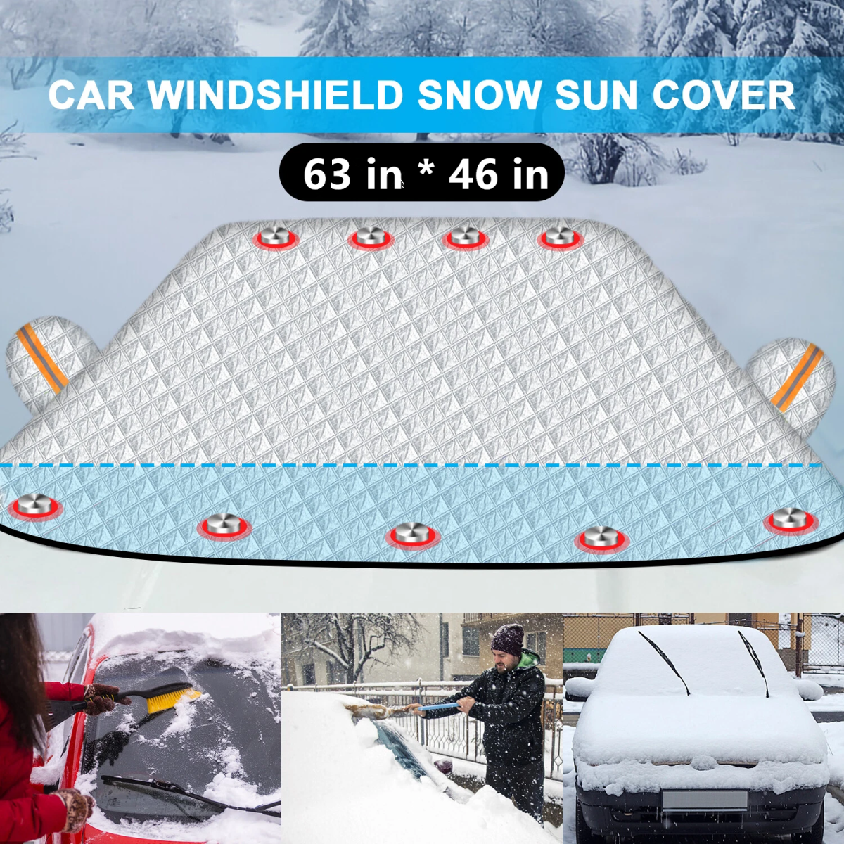 Magnetic Car Windshield Cover with 9 Magnets, 4-Layer Frost, Snow and Sun Protection, 63 x 46 in