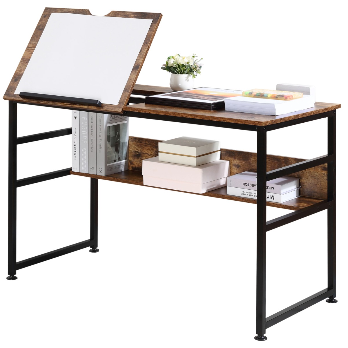 HOMCOM Tiltable Drafting Table Home Office Desk with Shelf, Rustic Brown