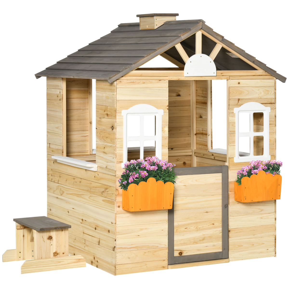 Outsunny Wooden Kids Outdoor Playhouse with Door, 2 Windows, Bench, Windowsill and Flowerpot Holders, Ages 3-7 Years