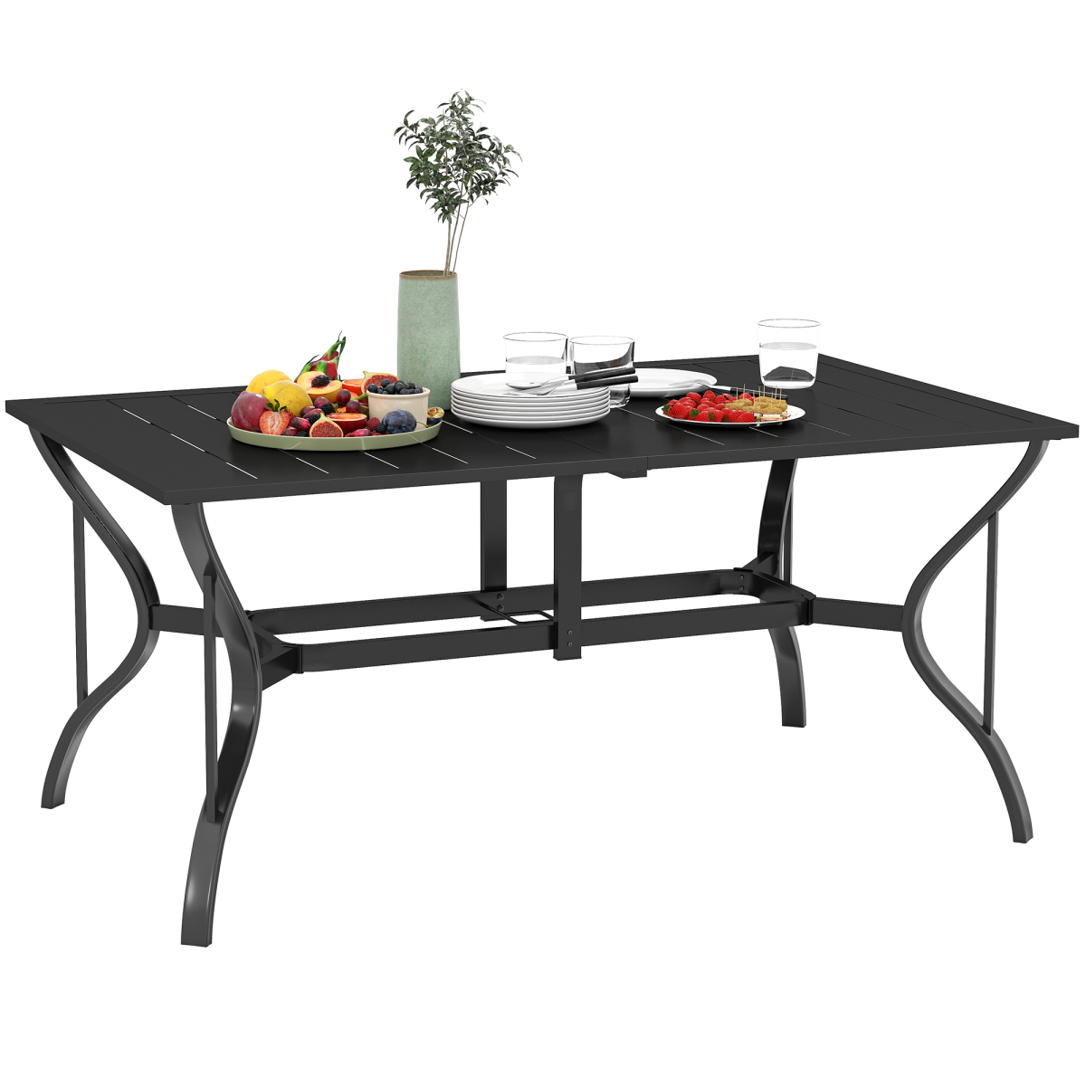 Outsunny Garden Dining Table, 150 x 90cm Steel Slatted Top, Black, 6 Seater Balcony Table