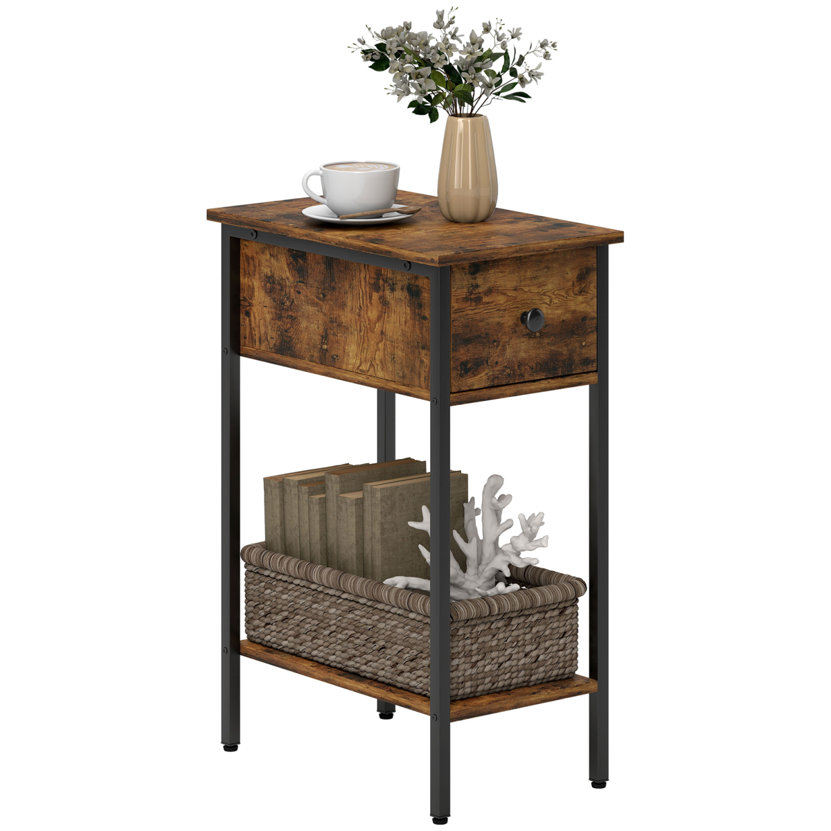 HOMCOM Industrial Narrow End Table with Drawer & Shelf, Rustic Brown