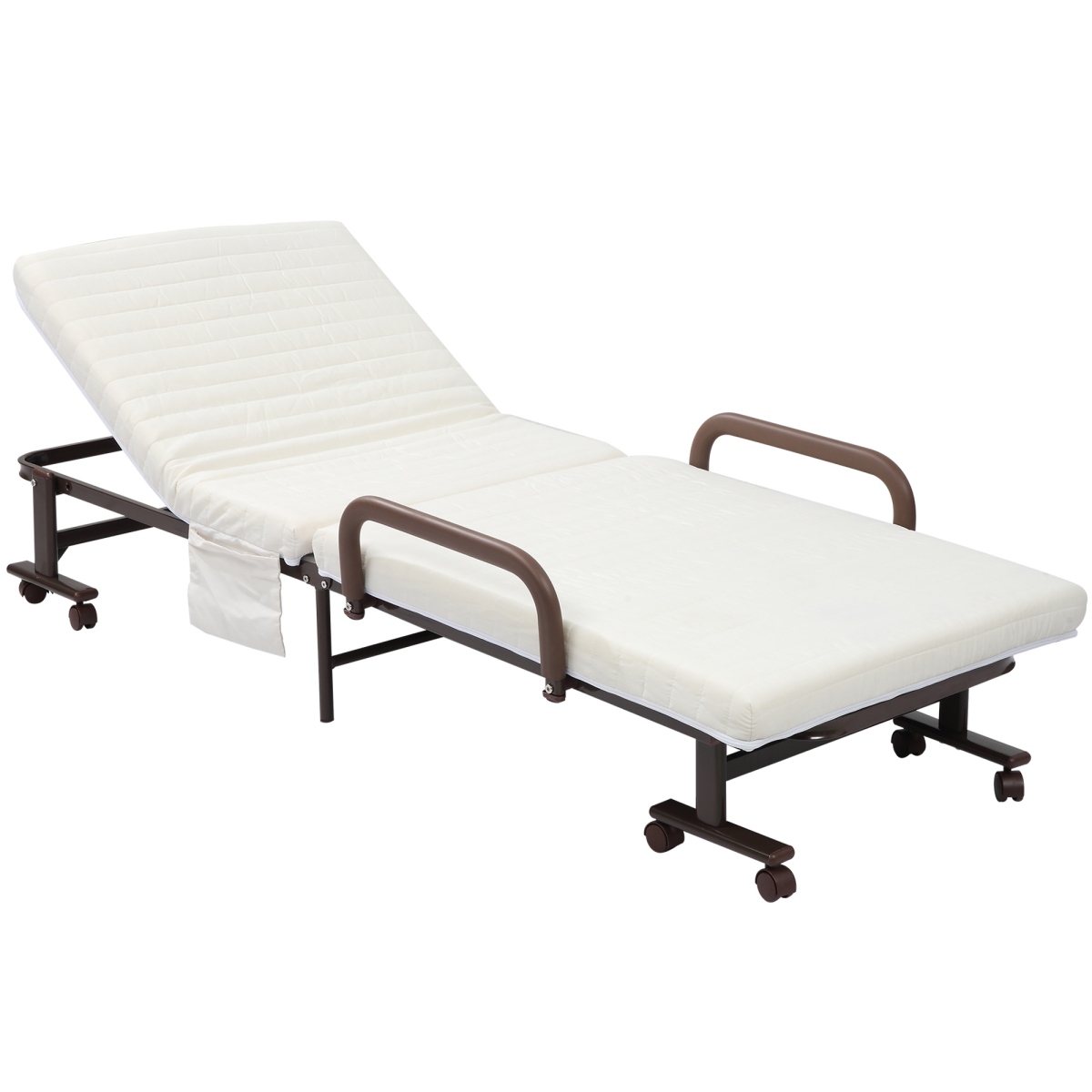 Folding Bed with Mattress, 5-Level Adjustable Headrest, 8 Wheels, Brown