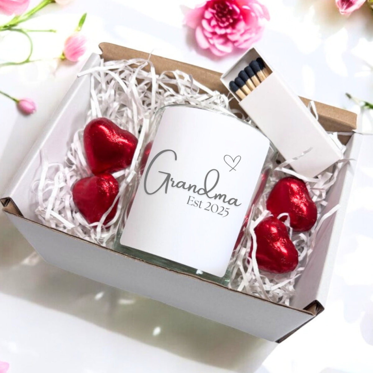 Grandma Est. 2025 Fresh Linen Scent Candle Gift Set with Chocolates and Matches