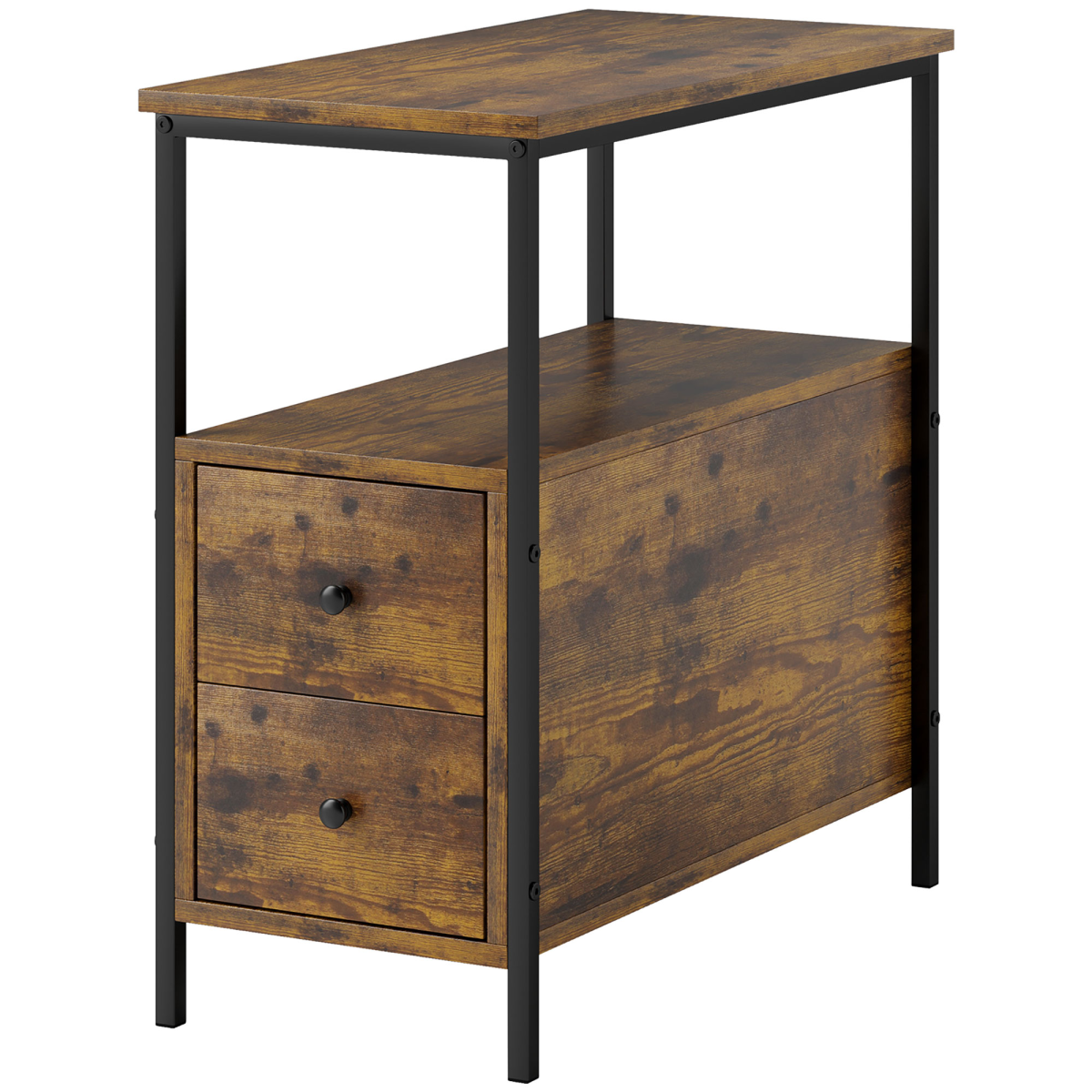 Slim Side Table with 2 Drawers and Storage Shelf, Brown