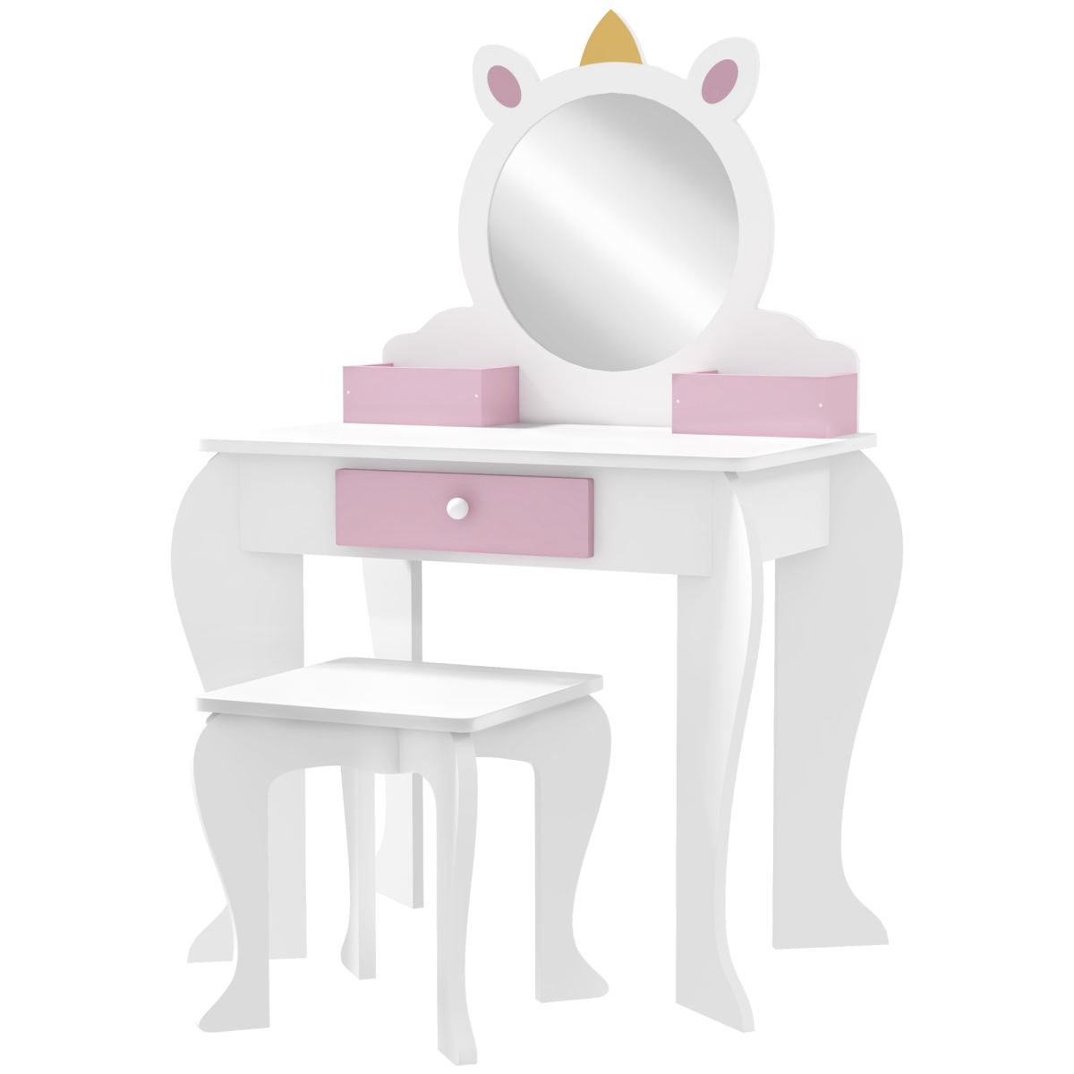 ZONEKIZ Kids Dressing Table Set with Mirror, Stool and Drawer, Unicorn Design, White and Pink