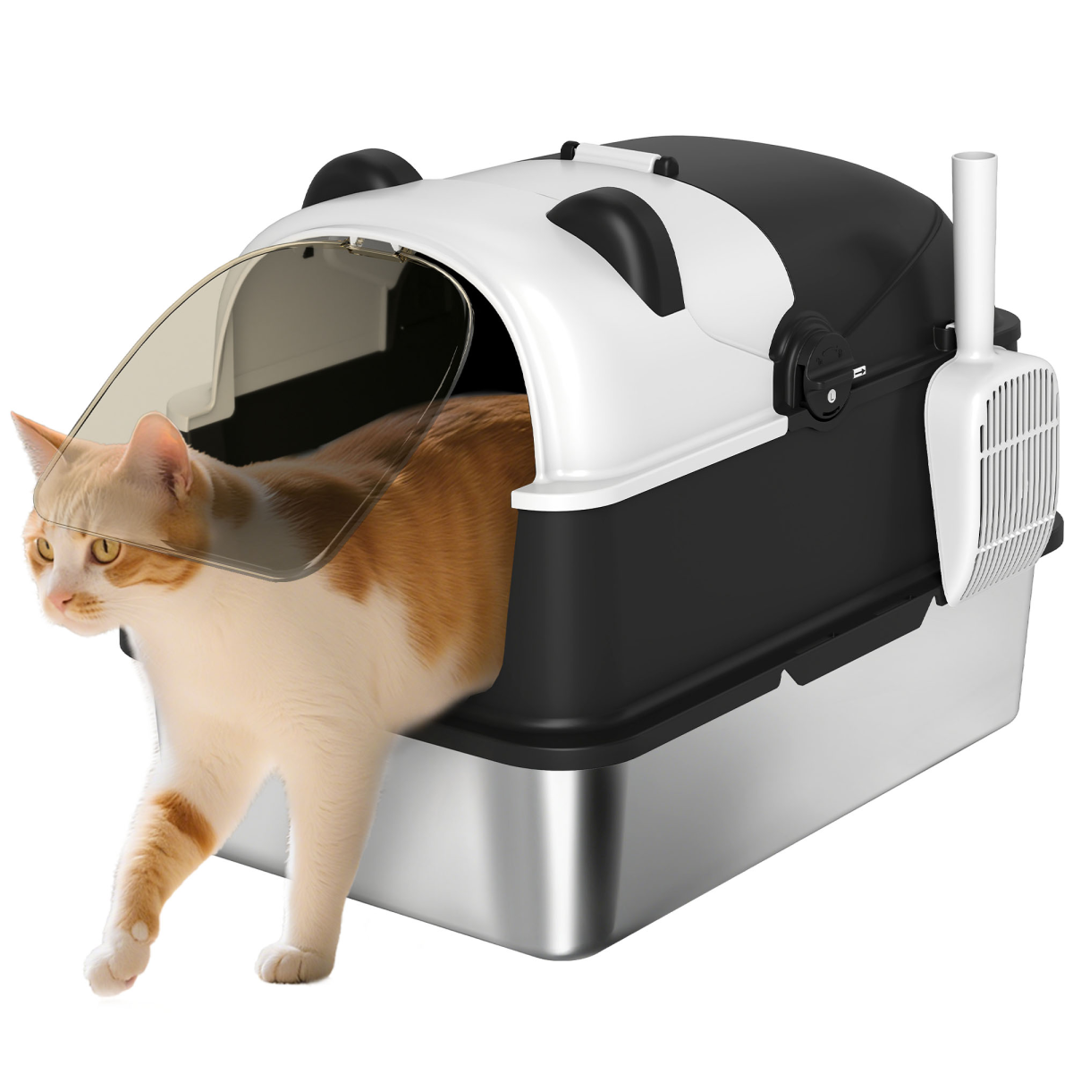 PawHut XL Stainless Steel Enclosed Cat Litter Box with Lid, Panda Style