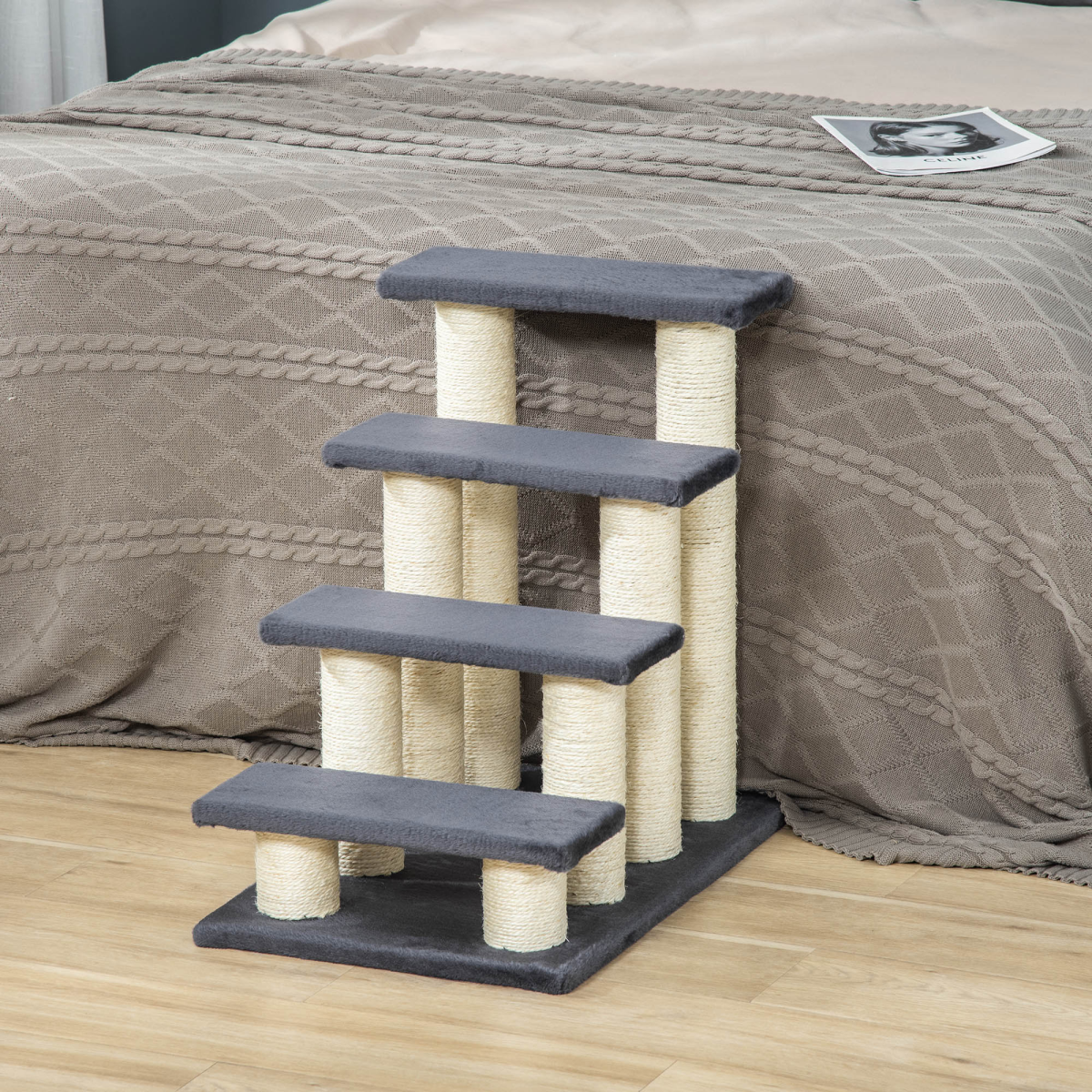 Grey Plush Particleboard Pet Steps with Sisal Scratching Posts, 110 lb Capacity