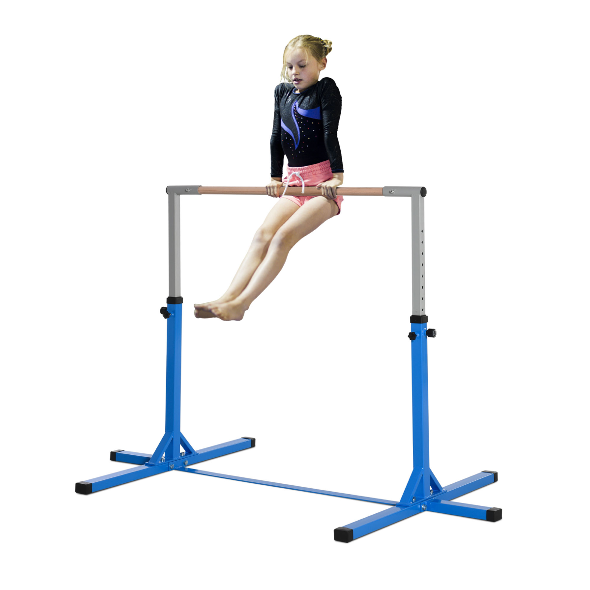 HOMCOM Adjustable Kids Gymnastics Bar, Steel Frame, Wood Bar, Blue