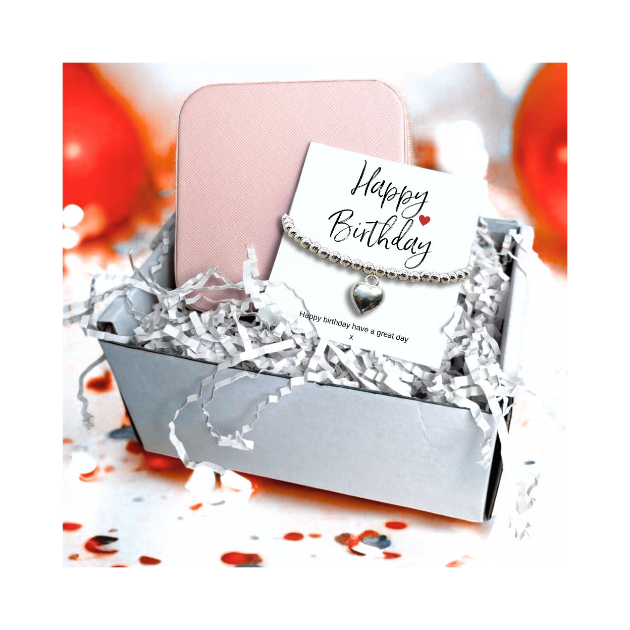 Happy Birthday Silver Beaded Heart Bracelet with Pink Square Jewellery Box Gift