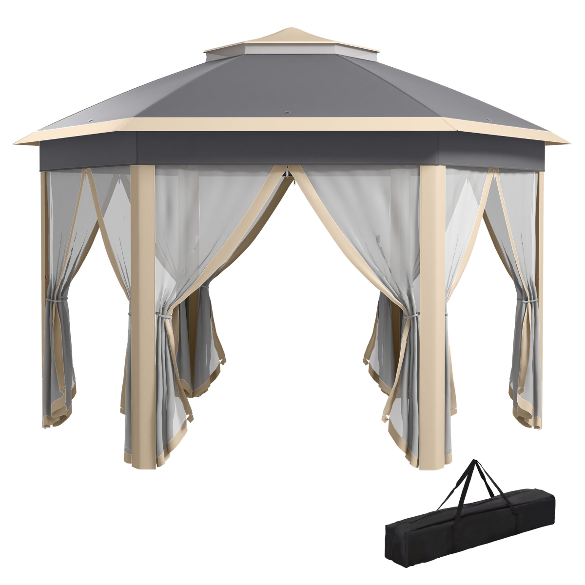 Outsunny 3x4m Hexagon Pop Up Gazebo with Metal Frame and Mesh Curtains, Khaki