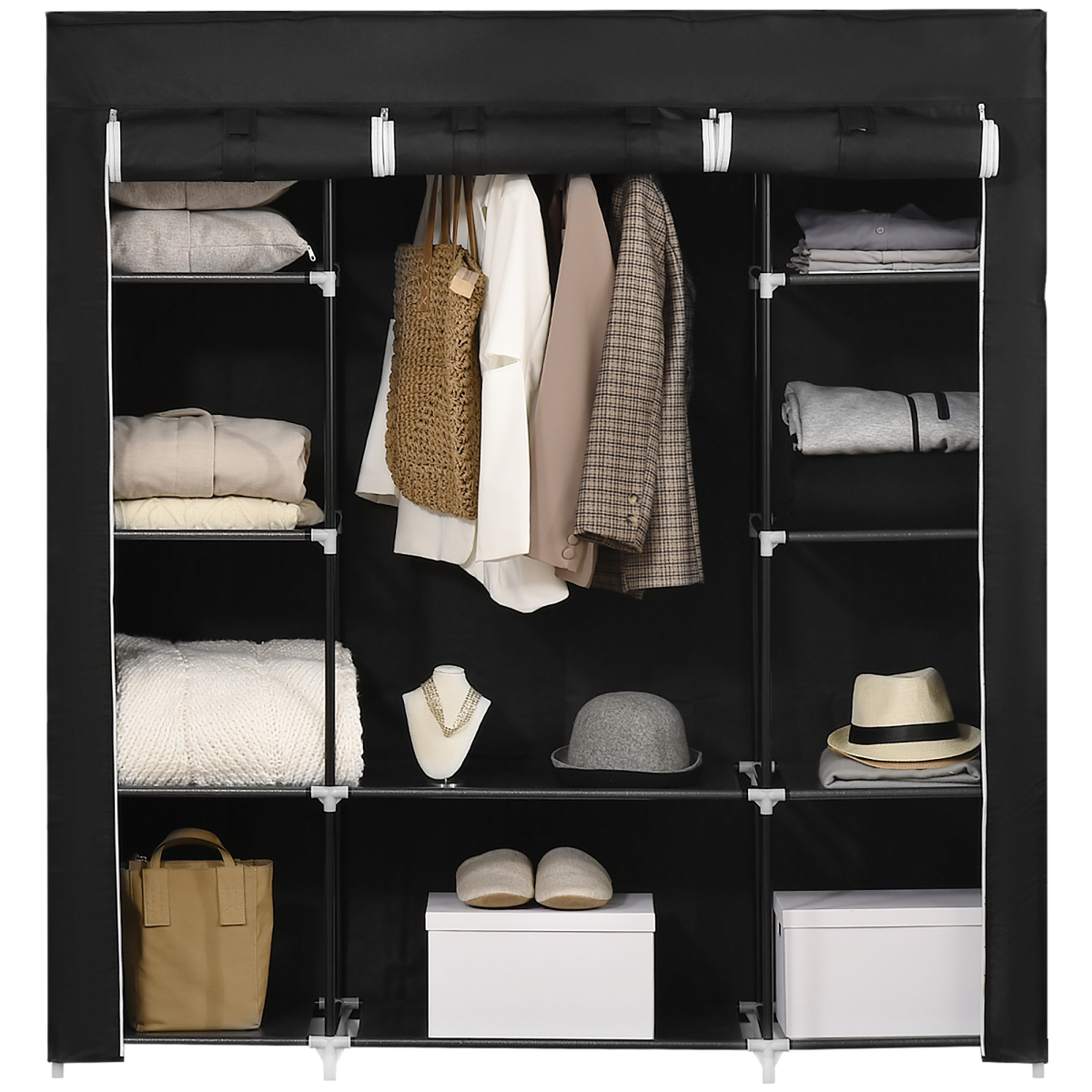 Portable Fabric Wardrobe with 10 Shelves and Hanging Rail, Black