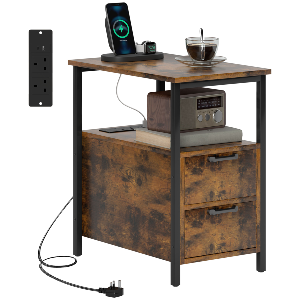 HOMCOM Nightstand with Charging Station, 2 Drawers, Rustic Brown