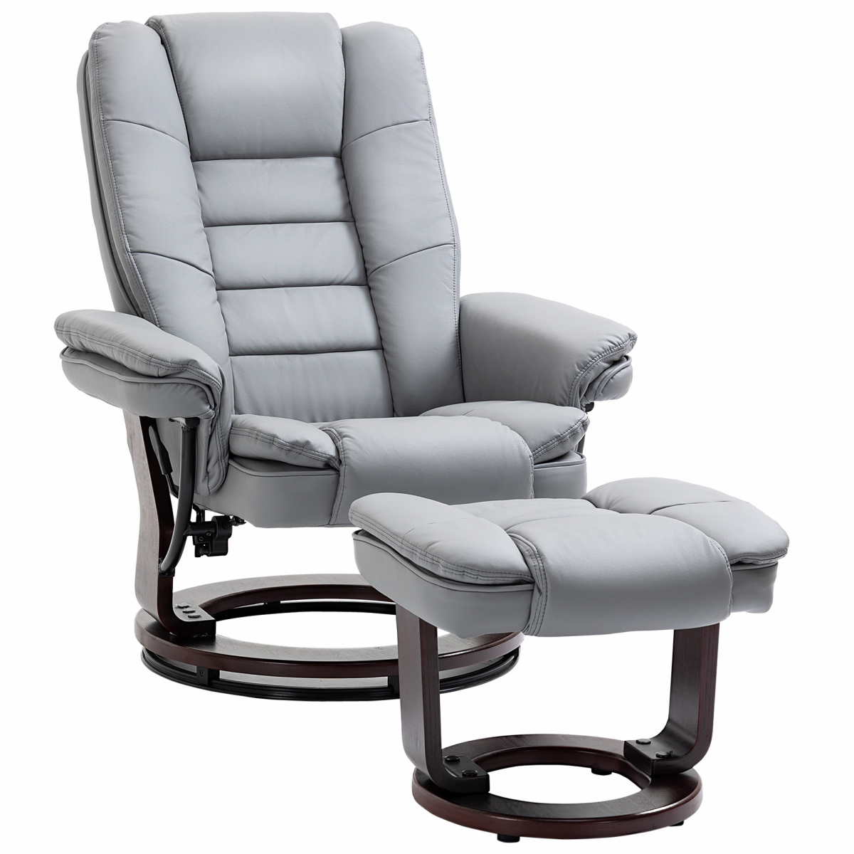 Grey PU Manual Swivel Recliner Chair and Footrest Set with Wooden Base