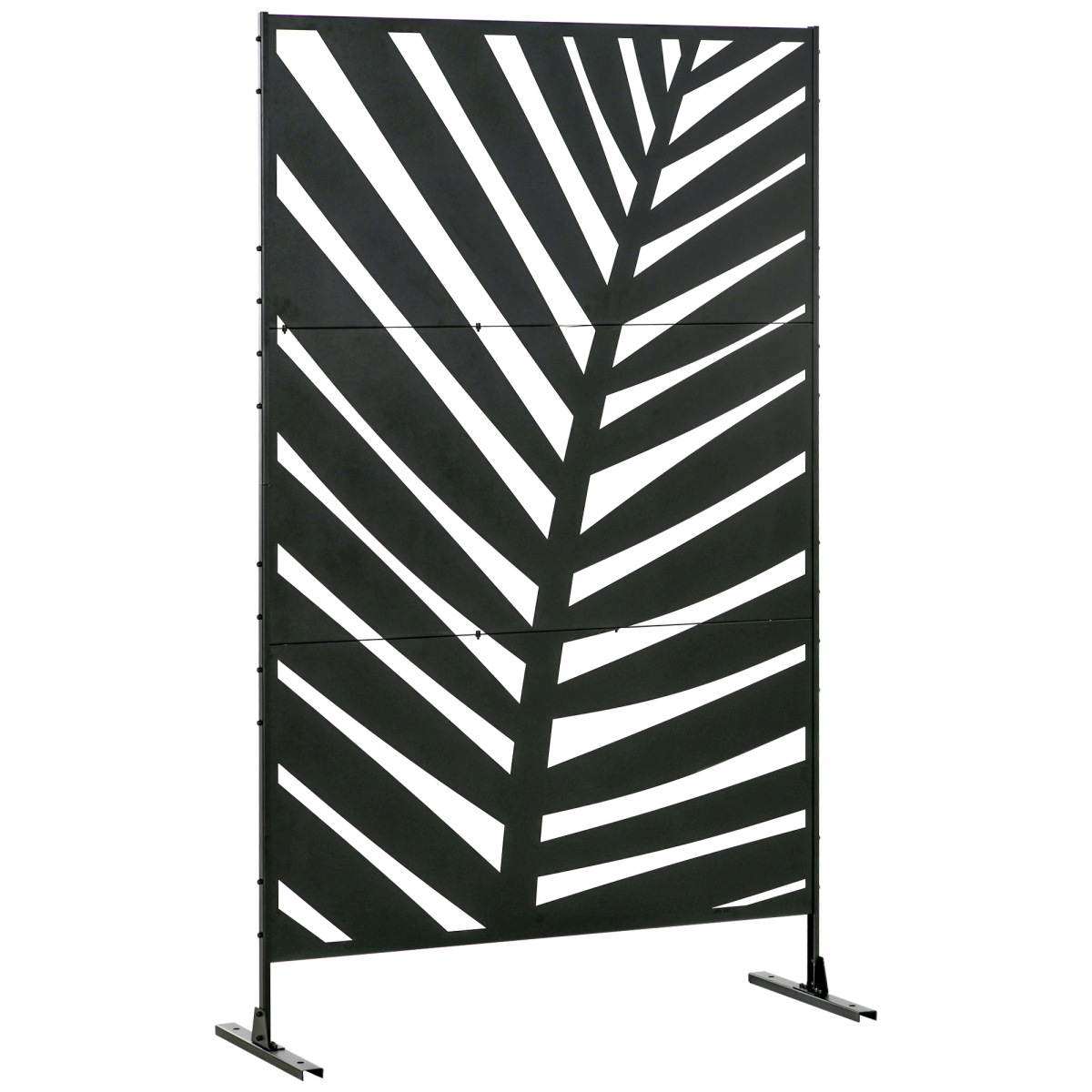 Outdoor Steel Privacy Screen with 3 Panels, Black, Banana Leaf Style