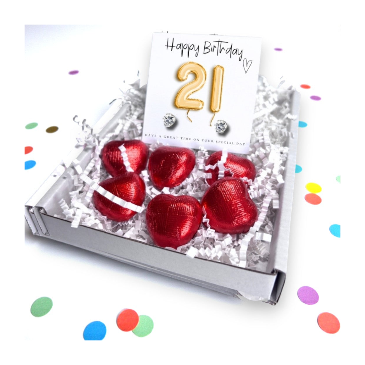 21st Birthday Cubic Zirconia Stud Earrings Gift with Gold Balloons Card and Milk Chocolate Hearts
