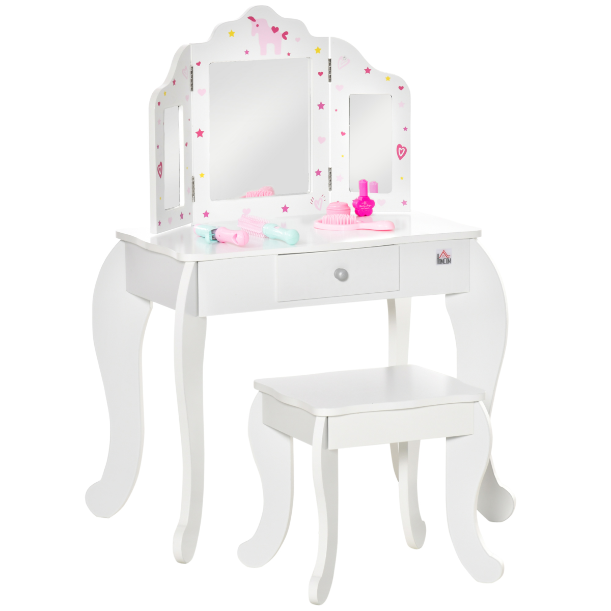 Kids Vanity Table and Stool Set with Rotatable Mirror and Drawer