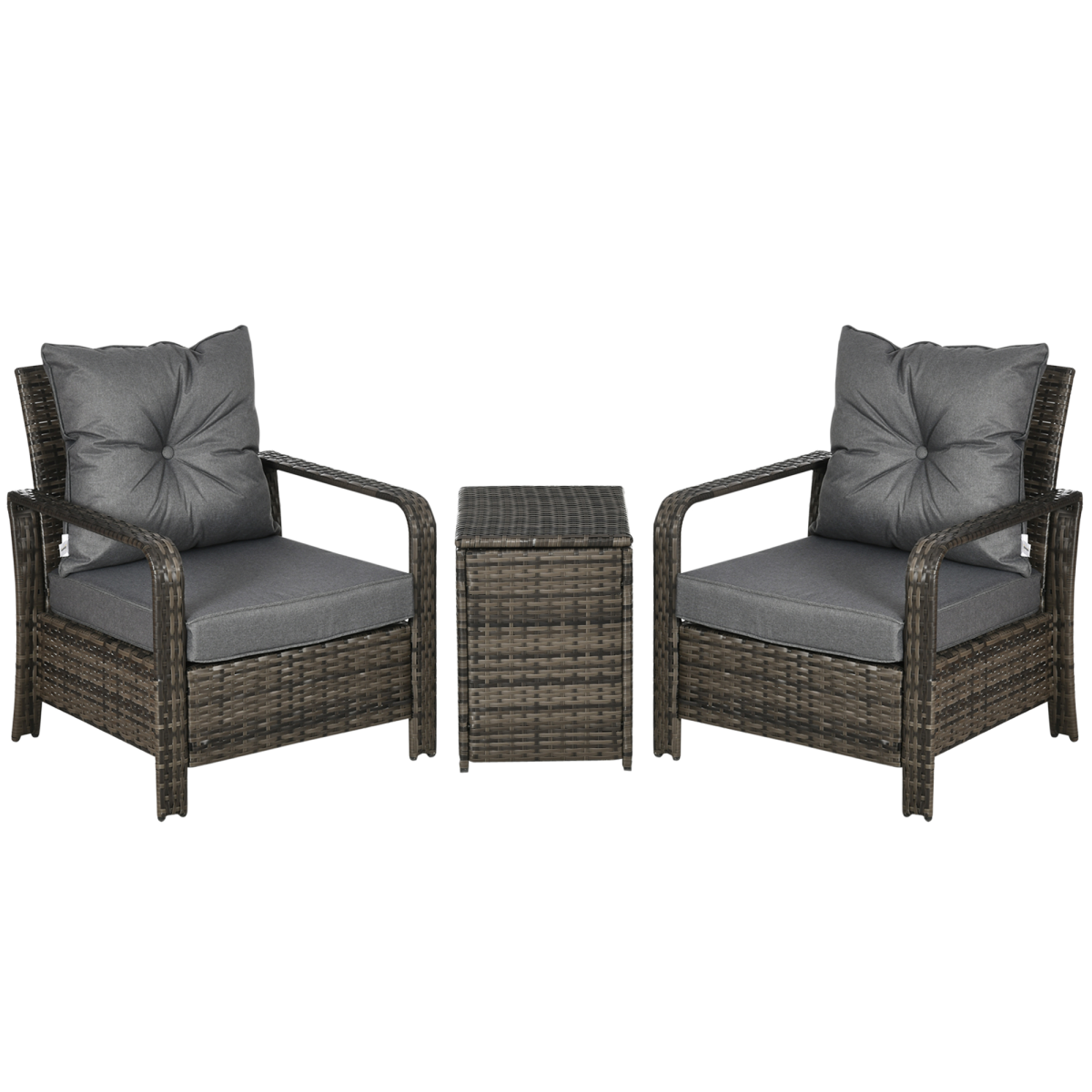 3-Piece PE Rattan Garden Sofa Set with 2 Armchairs and Storage Table, Grey, Outsunny