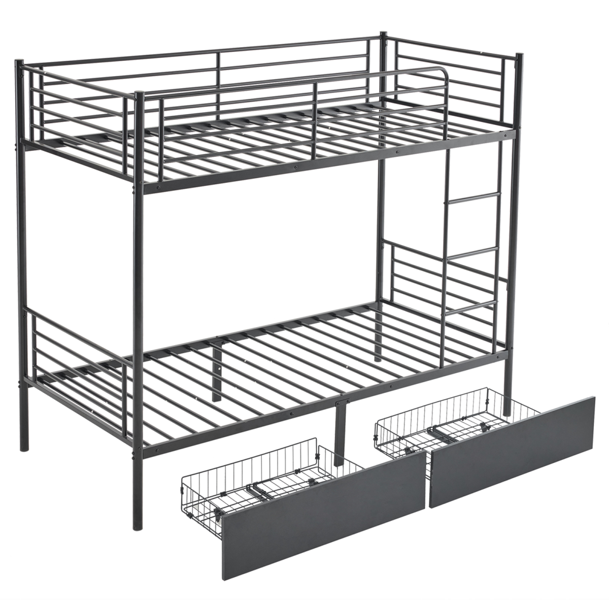 Twin Over Twin Metal Bunk Bed with 2 Storage Drawers, Full-Length Guard Rail, Heavy Duty, Black