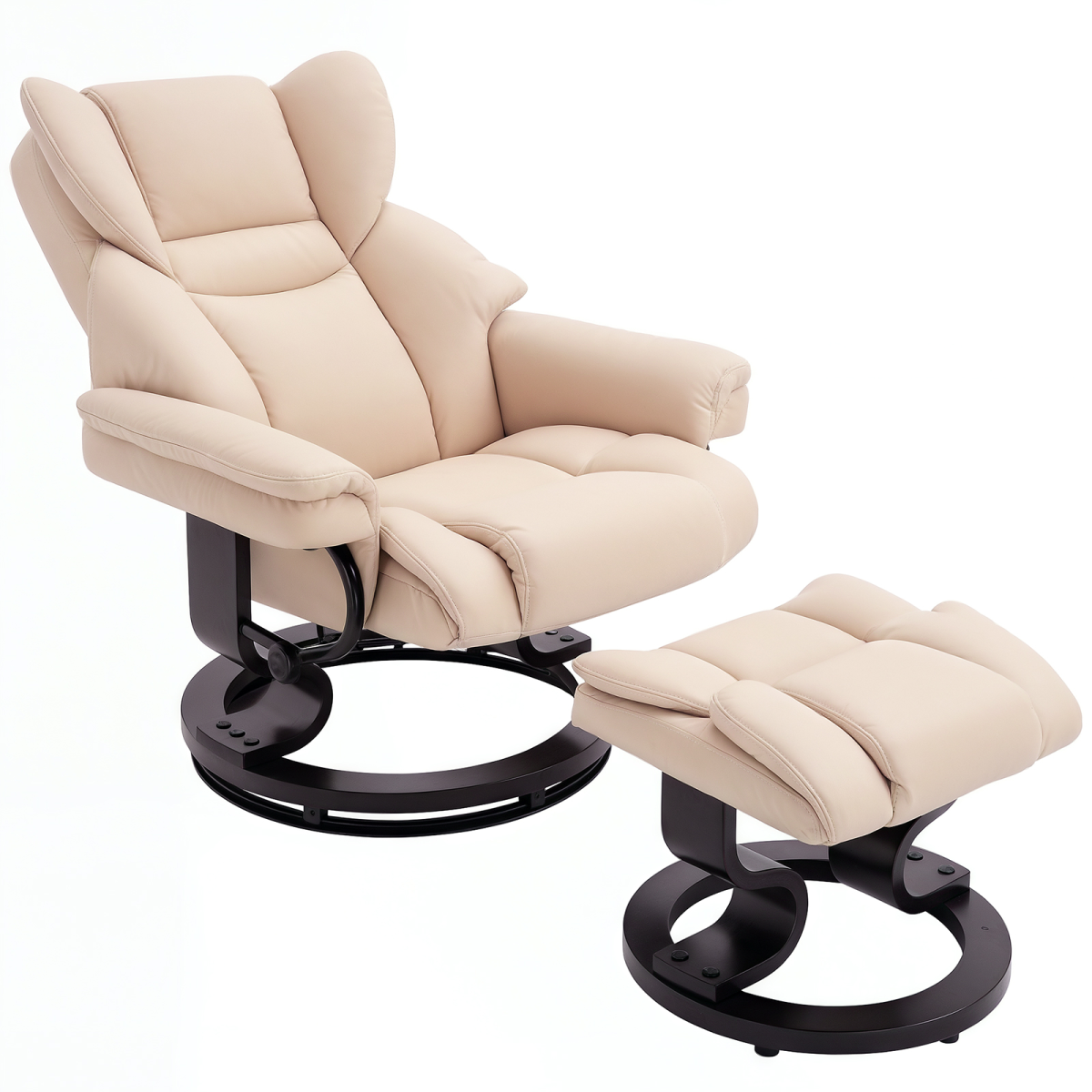 Cream PU Leather Swivel Recliner Armchair with Footstool