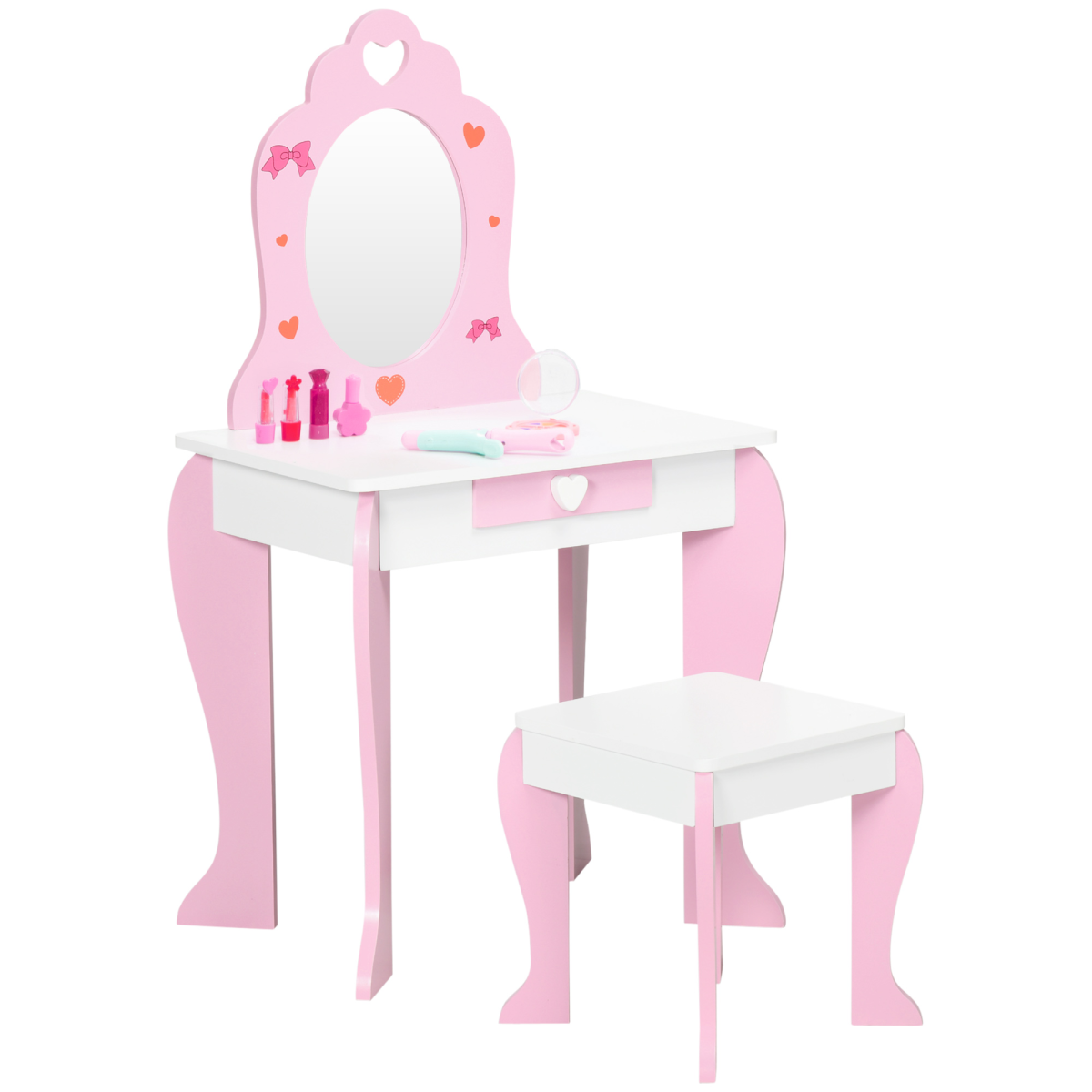 ZONEKIZ Kids Vanity Table and Stool Set with Mirror and Drawer, Pink