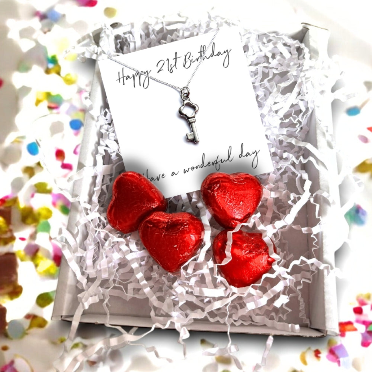 21st Birthday Necklace Gift Set with Key Charm, Message Card and Milk Chocolate Hearts