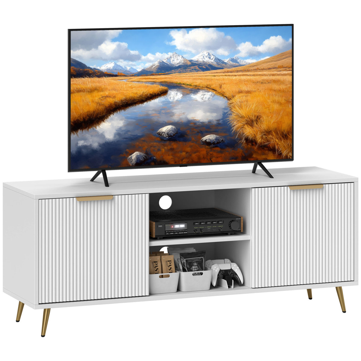 HOMCOM Modern White TV Stand Cabinet with Storage for 55-Inch TVs