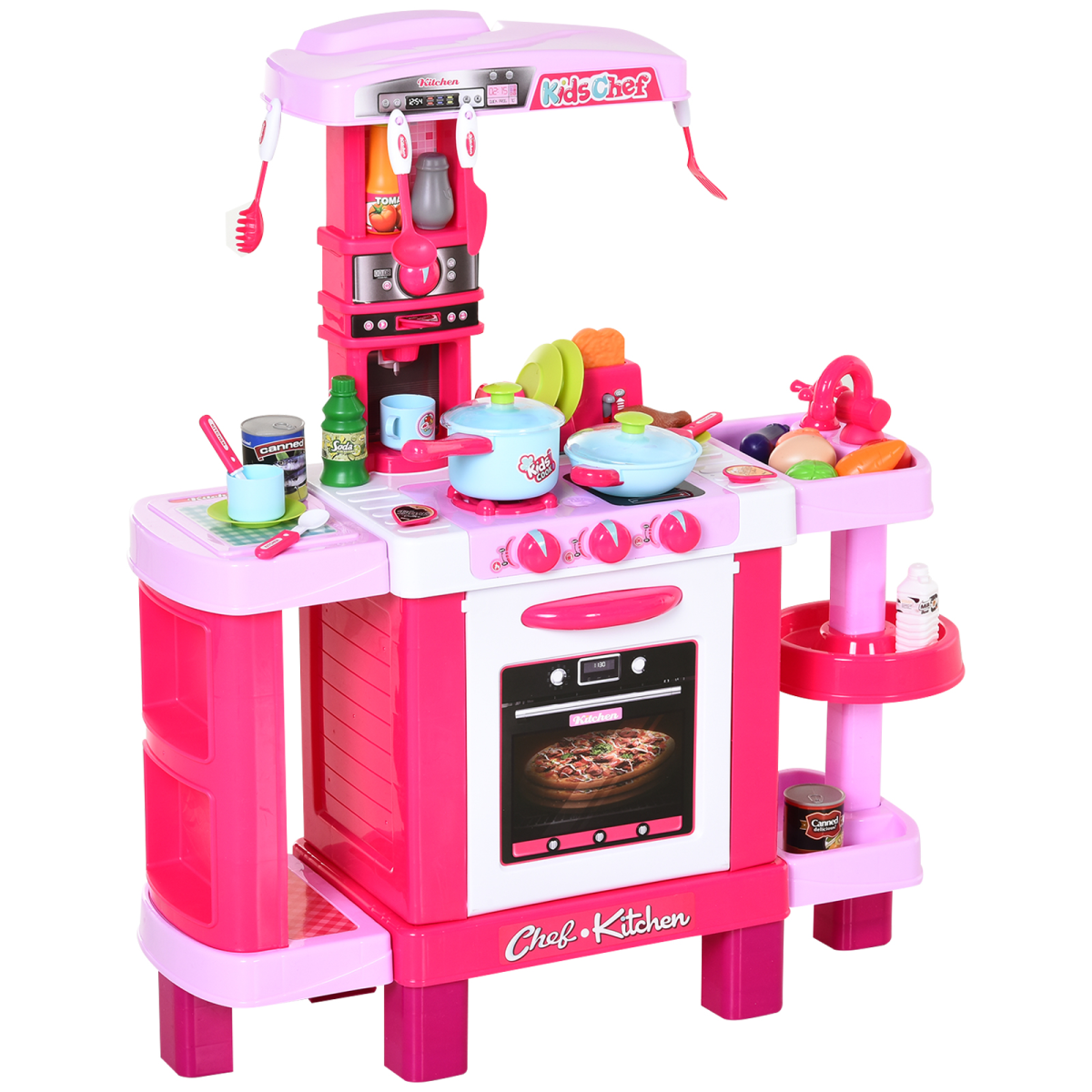 HOMCOM 38-Piece Children’s Kitchen Play Set with Realistic Sounds and Lights, Play Oven, Bread Maker, Sink, Utensils and Food Items